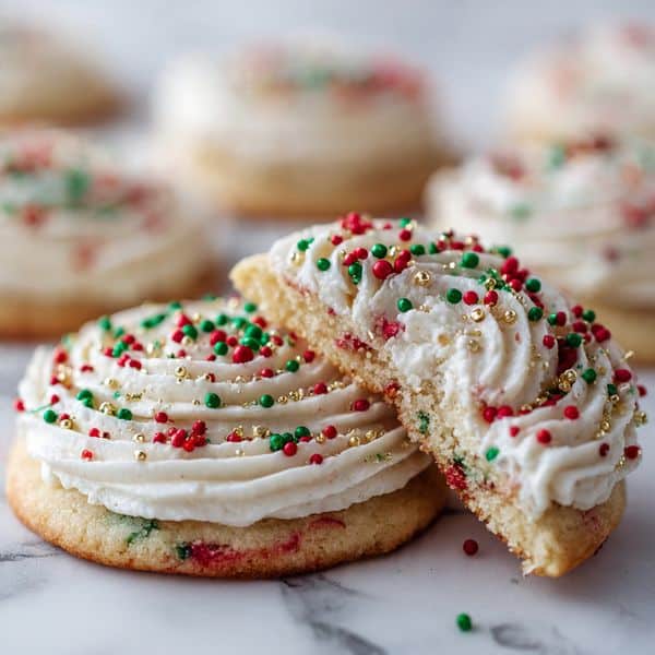 The image shows a close-up of soft sugar cookies with two layers, one whole and one sliced in half and stacked. Each cookie has a light golden color with small red and green specks inside the dough. The cookies are topped with a thick, creamy white frosting that is spread in a swirled pattern. The frosting is sprinkled with small round red, green, and gold sprinkles that add a festive touch. The cookies rest on a white marbled surface, and behind them is a blurred background with more cookies visible. Photo taken with an iphone --ar 4:5 --v 7