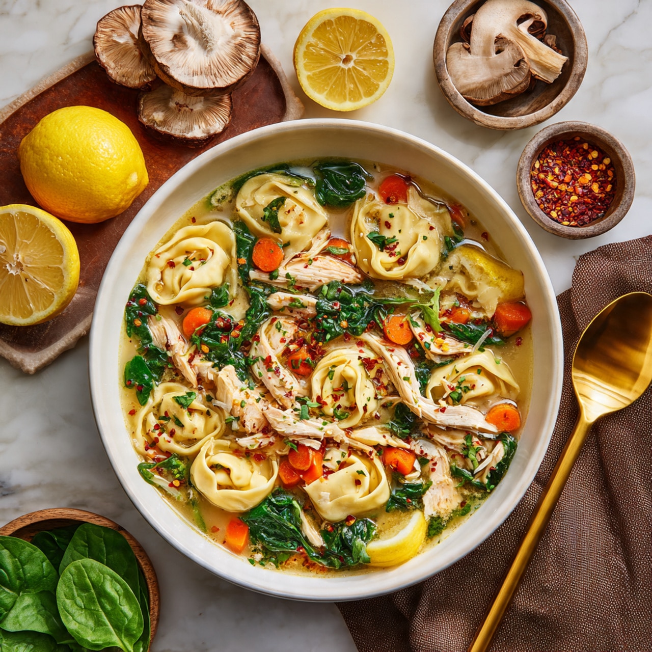 A white bowl filled with a clear broth soup showing three layers: the bottom layer has bright orange carrot slices and green celery pieces, the middle layer contains shredded light brown chicken and dark green spinach leaves, and the top layer has several pale yellow tortellini floating with red chili flakes sprinkled on them, garnished with two thin lemon slices and small green herb sprigs. Around the bowl, there is a golden spoon on a brown cloth napkin, halved lemons with bright yellow flesh, a small bowl of red chili flakes, fresh mushrooms, and additional green spinach leaves and herbs all set on a white marbled surface. photo taken with an iphone --ar 4:5 --v 7