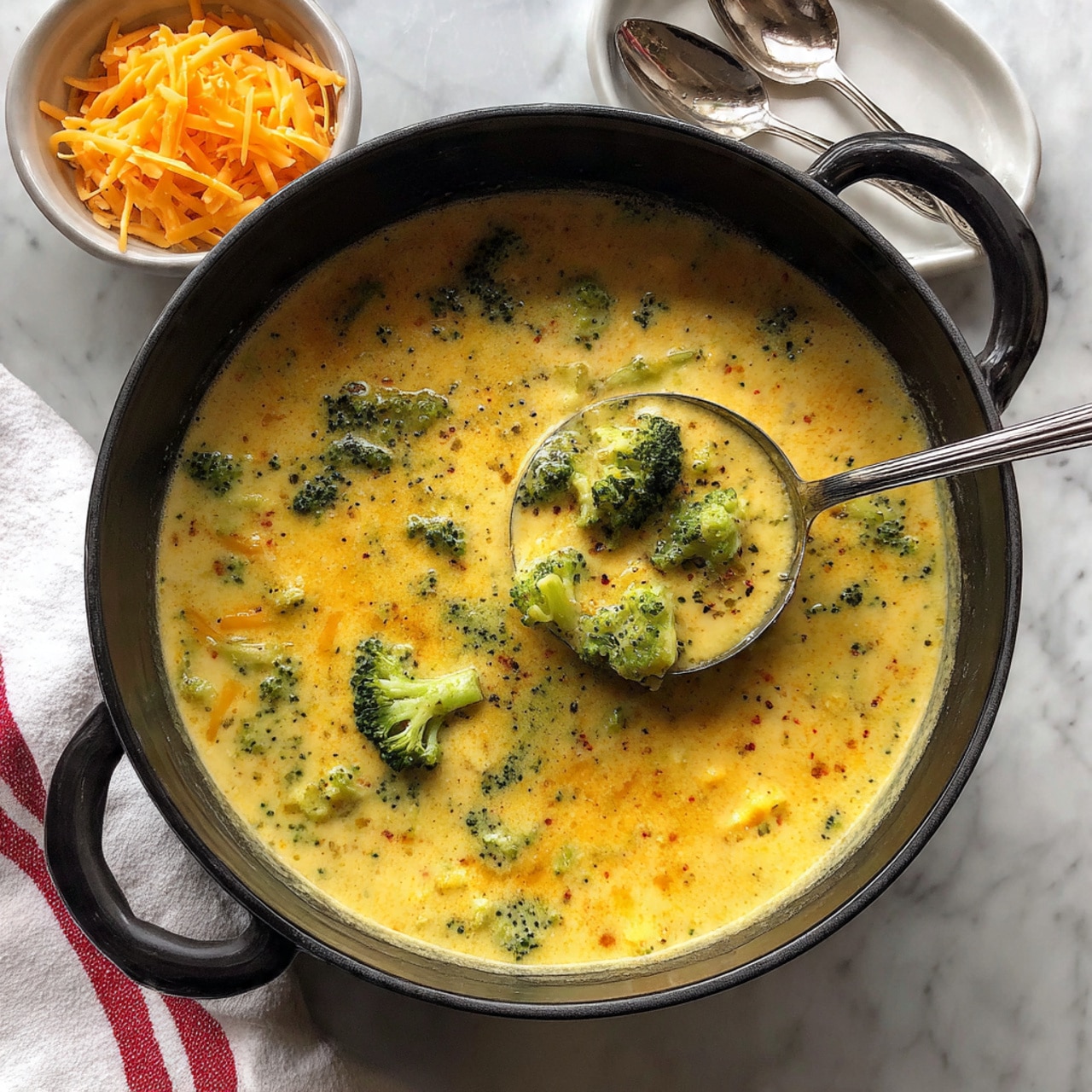 A large round black pot filled with creamy yellow soup that has bright green broccoli pieces floating in it. A silver ladle inside the pot scoops up some broccoli and soup, resting near the center. The pot is set on a white marbled surface with a white cloth with red stripes partially underneath the pot handle. Around the pot, part of a white plate with two silver spoons on it and a small white bowl filled with shredded orange cheese are slightly visible. Photo taken with an iphone --ar 4:5 --v 7