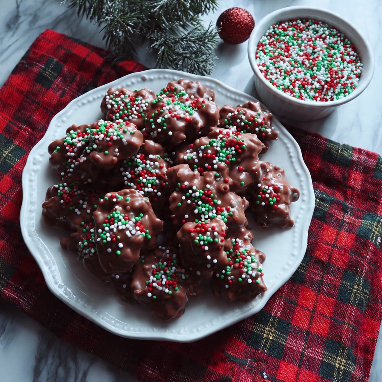 A white plate filled with about a dozen round, irregularly shaped chocolate clusters covered in smooth milk chocolate. Each cluster is decorated on top with small bright sprinkles in red, green, and white colors. The plate sits on a red and black plaid cloth, and in the top left corner, a small white square bowl holds more of the same colorful sprinkles. The surface beneath is white marbled. photo taken with an iphone --ar 4:5 --v 7