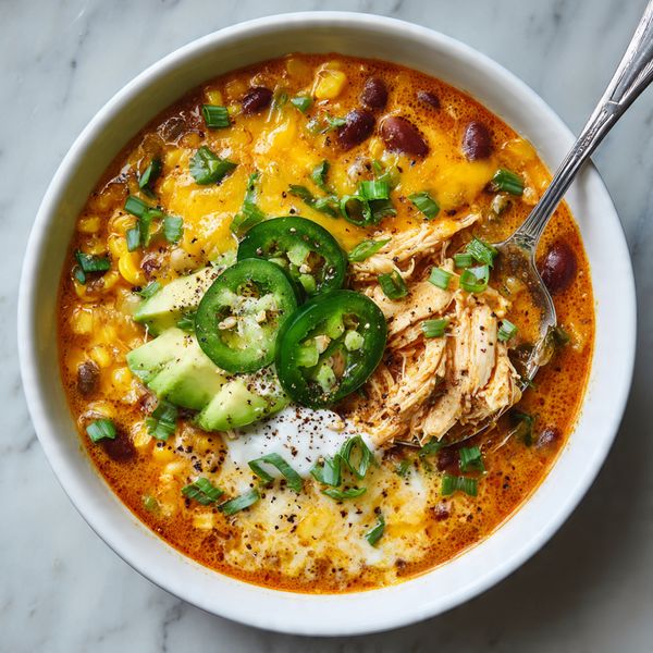 A white bowl holds a thick orange soup filled with visible layers of shredded chicken, yellow corn, dark red beans, and white melted cheese. On top, bright green slices of avocado and jalapeño rings are placed in the center, sprinkled with chopped green onions and black pepper. A silver spoon lifts a portion of the soup, showing the mix of chicken, corn, cheese, and chopped green onions. The bowl sits on a white marbled surface. photo taken with an iphone --ar 4:5 --v 7