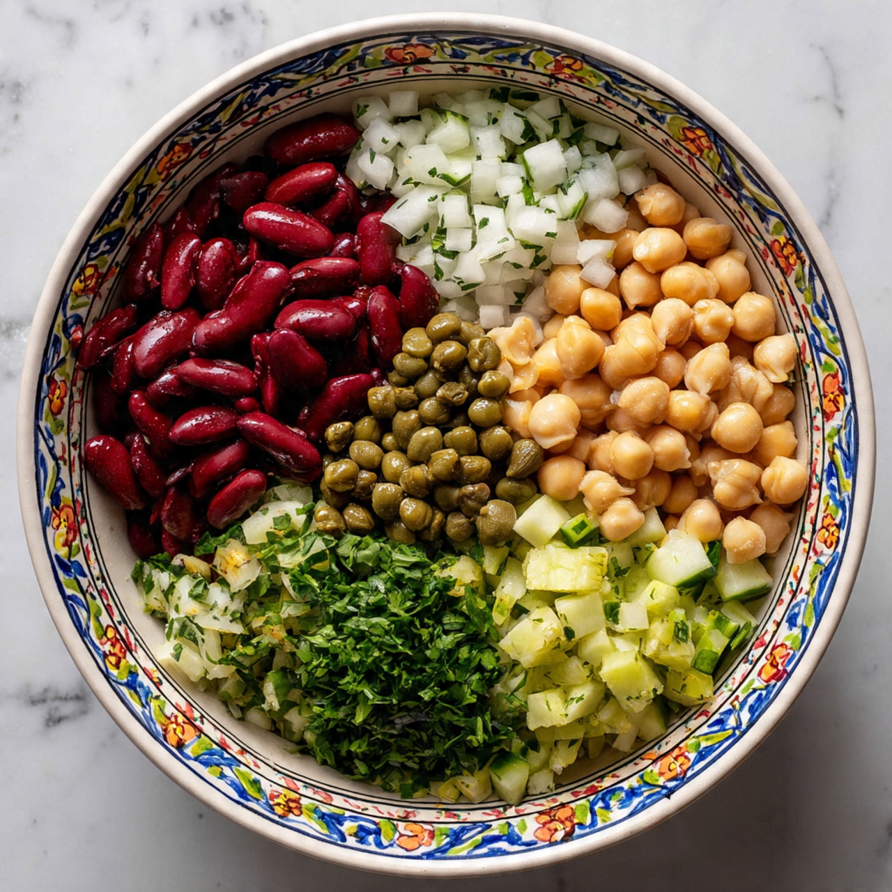 The image shows a white bowl with colorful floral and geometric patterns around the rim, placed on a white marbled surface. Inside the bowl, there are six separate layers of ingredients arranged side by side without mixing. Beginning from the left, there are dark red kidney beans with a shiny texture, followed by small white diced onions with a few green herbs mixed in. Next to the onions, there are light brown pinto beans, then a large pile of finely chopped green parsley. Toward the right, there are light yellow chickpeas, and at the bottom, a generous amount of roughly chopped cucumber pieces in bright green with a slightly wet look. Scattered over the onions and cucumbers are light green round capers. The ingredients show fresh textures and natural colors, clearly separated in the bowl. Photo taken with an iphone --ar 4:5 --v 7