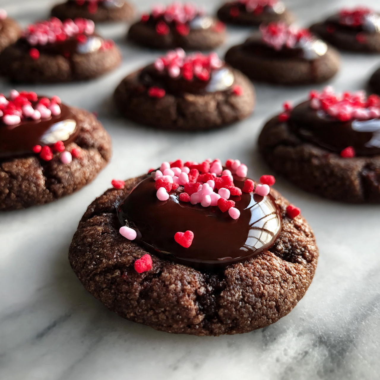 Best Chocolate Thumbprint Cookies Recipe 5 The image shows a group of round dark brown cookies laid out on a white marbled surface. Each cookie has two layers: a thick, soft-looking chocolate base with a slightly rough texture, and a smooth, glossy dark chocolate circle spread neatly in the center on top. Small red and pink sprinkle pieces are scattered on part of the chocolate topping and some fall around the cookies on the surface, adding a pop of color. The cookies have a uniform size and are placed close to each other but not touching, with soft light highlighting their rich chocolate color and the shiny topping. photo taken with an iphone --ar 4:5 --v 7