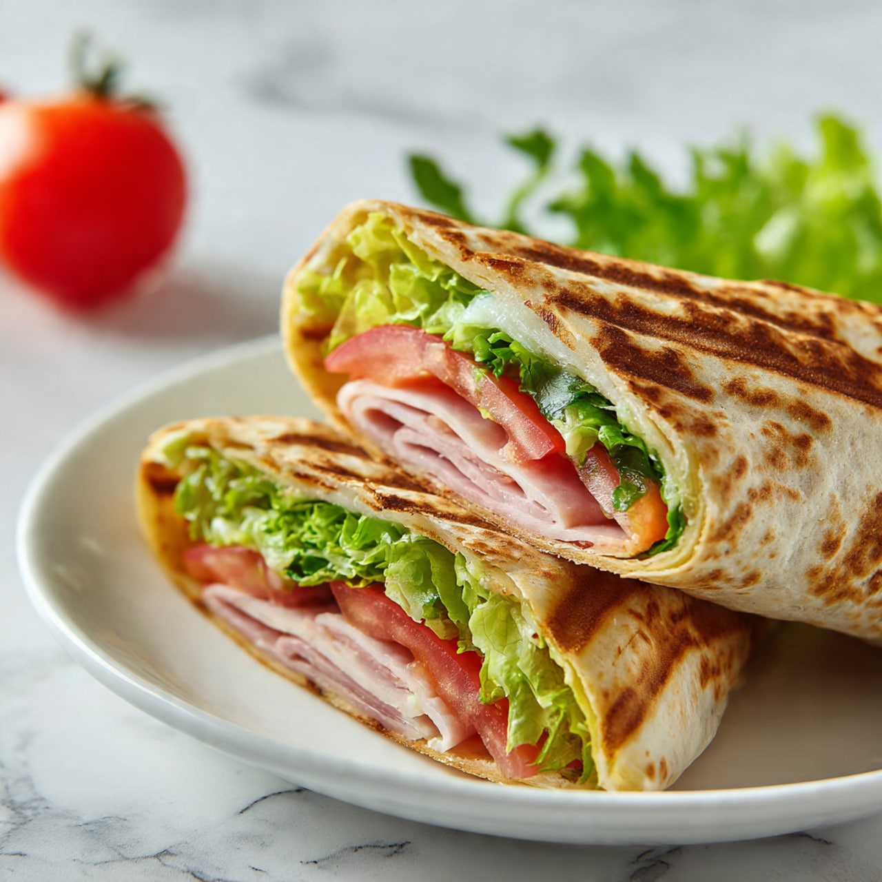The image shows two halves of a toasted wrap on a white plate, placed on a white marbled surface. The wrap has a golden-brown color with grill marks on the outside. Inside, the wrap has layers including light pink slices of turkey, bright green leafy spinach, and a slice of red tomato, all wrapped in a soft, beige flatbread. The wraps are stacked with one half leaning on the other, showing the colorful inside clearly. Photo taken with an iphone --ar 4:5 --v 7