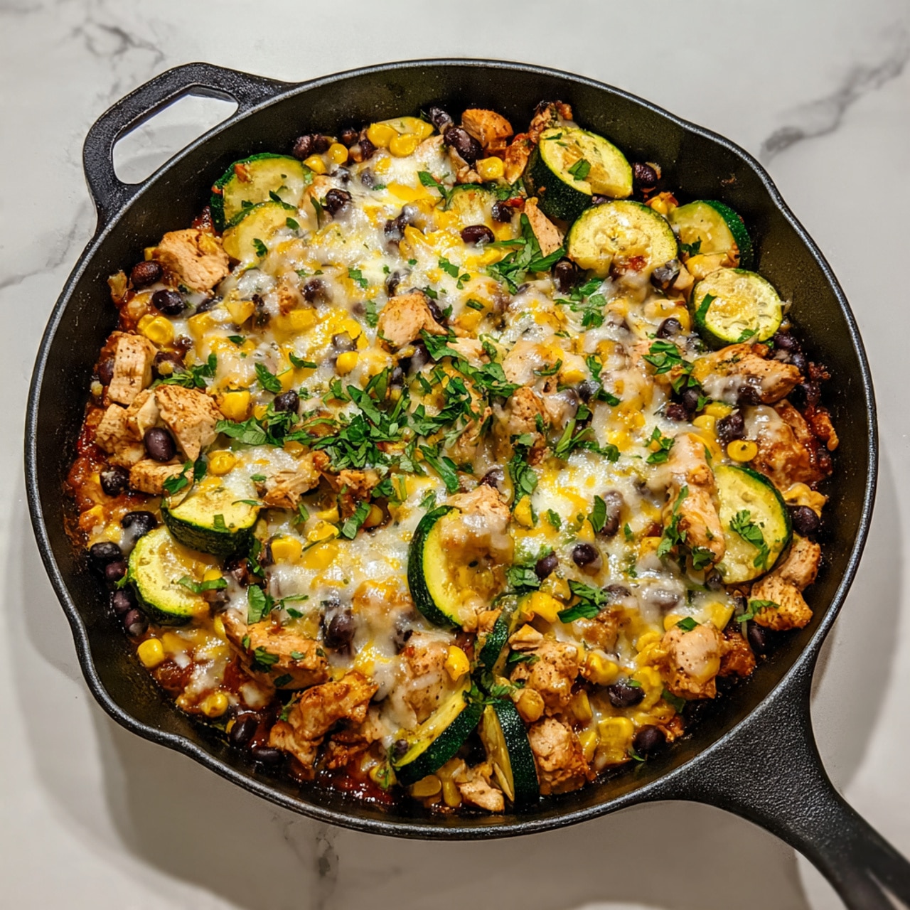 A colorful skillet dish filled with several layers of diced green zucchini, yellow corn kernels, black beans, and red bell peppers mixed with small pieces of browned chicken. The top layer is melted cheese with a blend of white and light orange hues, slightly stretchy and mixed in with the vegetables. Fresh green herbs are sprinkled across the top, adding touch of color. The skillet is round with a light gray interior, sitting on a white marbled surface. The dish looks warm and hearty, with a mix of soft and slightly crispy textures. photo taken with an iphone --ar 4:5 --v 7