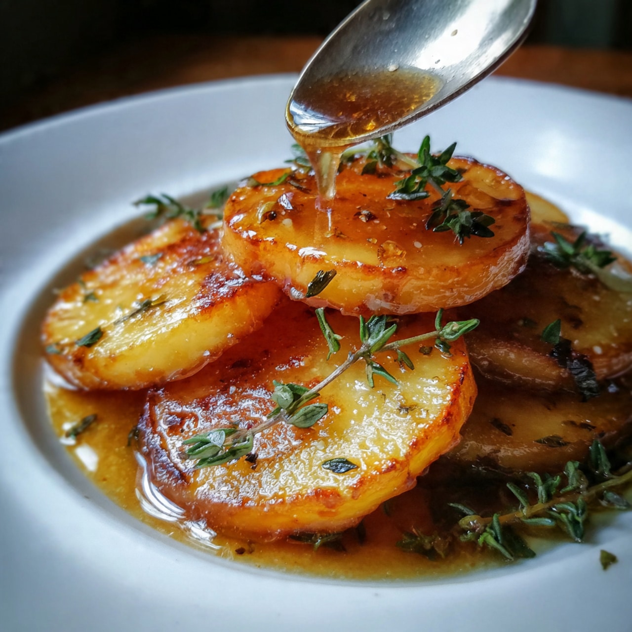 A stack of seven golden-brown, pan-fried potato slices is placed in a white bowl. Each potato slice shows a slightly crispy, browned top with visible seasoning of herbs and small bits of garlic. The potatoes are shiny with a light glaze of sauce being drizzled from a silver spoon held above the stack. Fresh green thyme sprigs are scattered around the potatoes, adding a touch of color and freshness. The bowl rests on a white marbled surface. Photo taken with an iphone --ar 4:5 --v 7