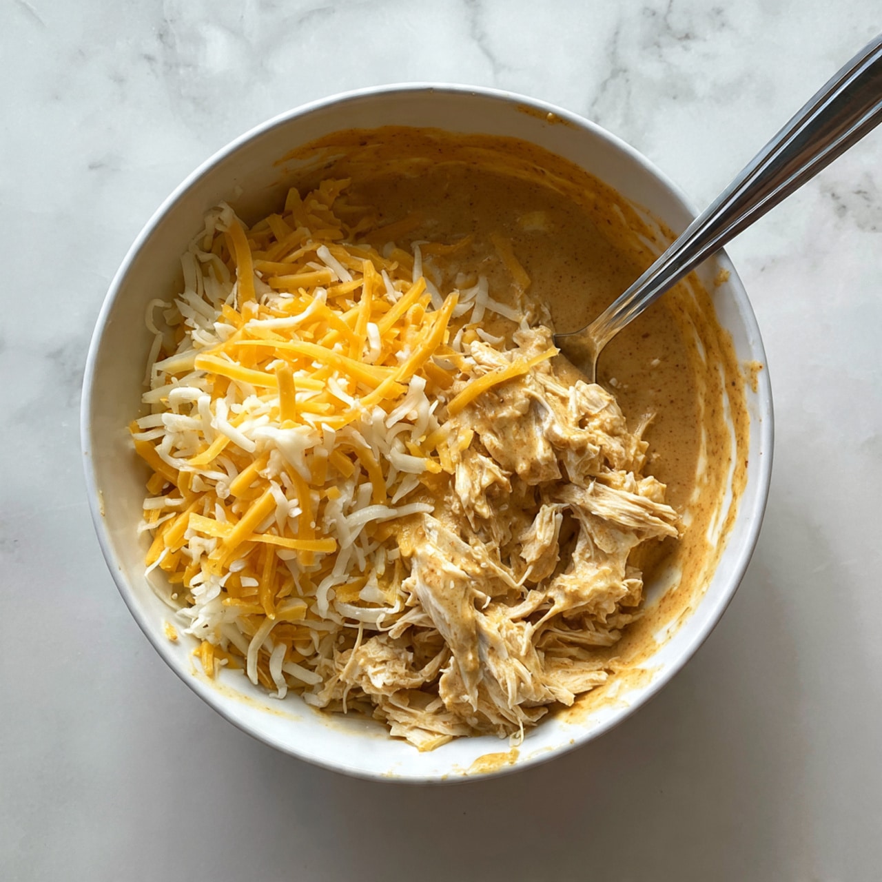 A round bowl filled with three visible layers: the bottom layer is a light brown creamy spread, the middle layer is shredded light beige chicken, and the top layer is a mix of shredded yellow and white cheese covering half the chicken. A metal spoon rests inside the bowl, placed towards the left side. The bowl is placed on a white marbled surface. Photo taken with an iphone --ar 4:5 --v 7