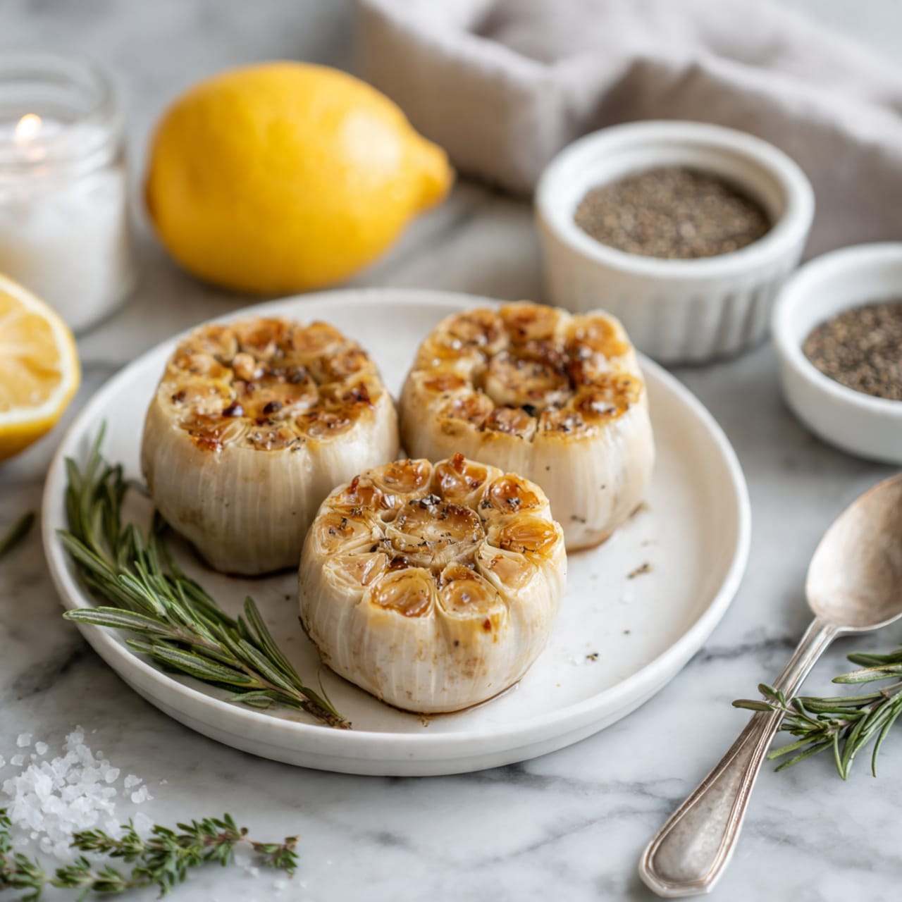 The image shows three roasted garlic bulbs placed closely together on a white plate. Each bulb has a light golden brown top with slightly caramelized cloves visible, creating a soft, textured look. Around the plate, there is a halved lemon with a bright yellow interior and a small white dish filled with ground black pepper, both set on a white marbled surface. Fresh sprigs of green rosemary are scattered around, adding a natural contrast, along with a small pile of coarse white salt beside a silver spoon. Photo taken with an iphone --ar 4:5 --v 7