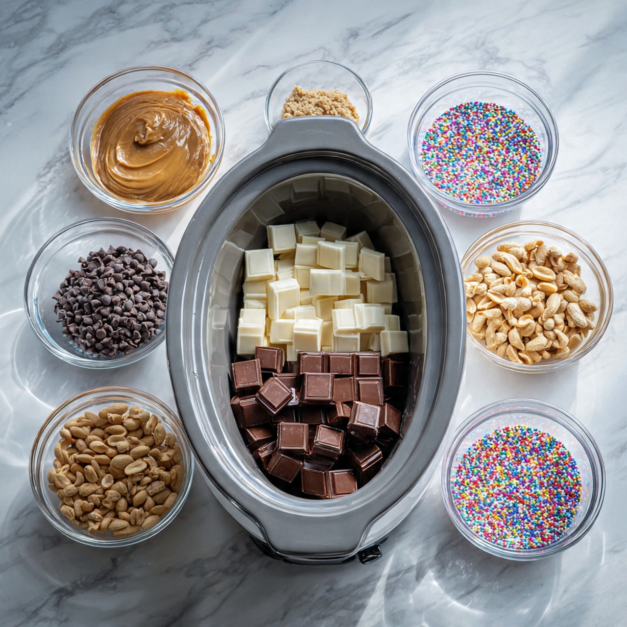 A large gray slow cooker bowl holds one layer of uneven square pieces of dark brown and creamy white chocolate arranged closely on the bottom. Behind it, against a white marbled surface, there are four clear glass bowls: one filled with smooth light brown peanut butter, one with light brown peanuts, one with dark brown chocolate chips, and one small square white bowl with tiny round red, green, and white sprinkles. The setup is bright and clean, with all items centered and visible. photo taken with an iphone --ar 4:5 --v 7