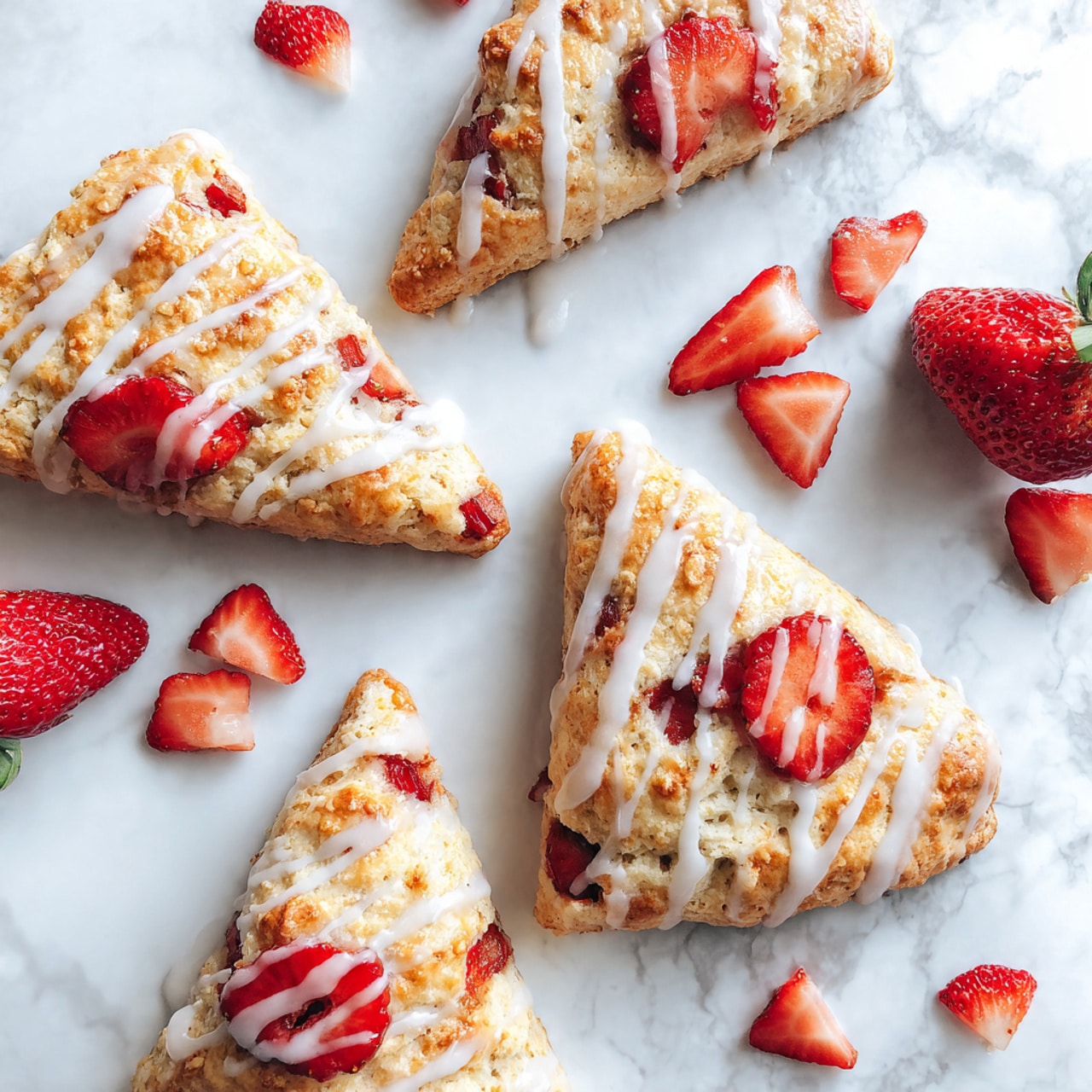 The image shows several triangular scones on a white marbled surface, each scone having a light golden brown outer crust with soft, fluffy, cream-colored inside layers. The scones contain visible pieces of bright red strawberries, some near the edges and some inside the dough. A white glaze with a slightly shiny texture is drizzled unevenly on top of each scone, pooling a little on the surface beneath. There are also halved fresh strawberries placed around the scones. photo taken with an iphone --ar 4:5 --v 7