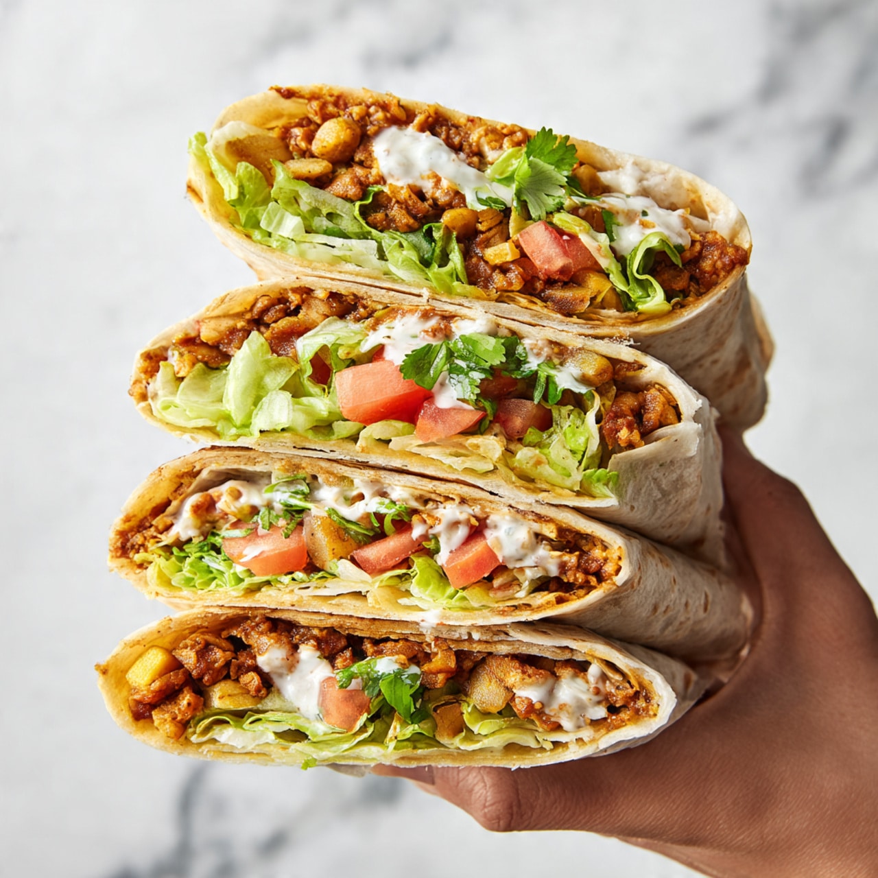 The image shows a stack of four folded wraps on a white marbled surface. Each wrap is cut open to reveal layers inside: a soft, light brown outer tortilla, followed by a layer of cooked, seasoned orange-brown filling, dark black beans mixed in, bright red tomato chunks, green leafy herbs, creamy light green guacamole, and white shredded cheese. The wraps are stacked neatly, highlighting the colorful, textured fillings against the white marbled background. Photo taken with an iphone --ar 4:5 --v 7