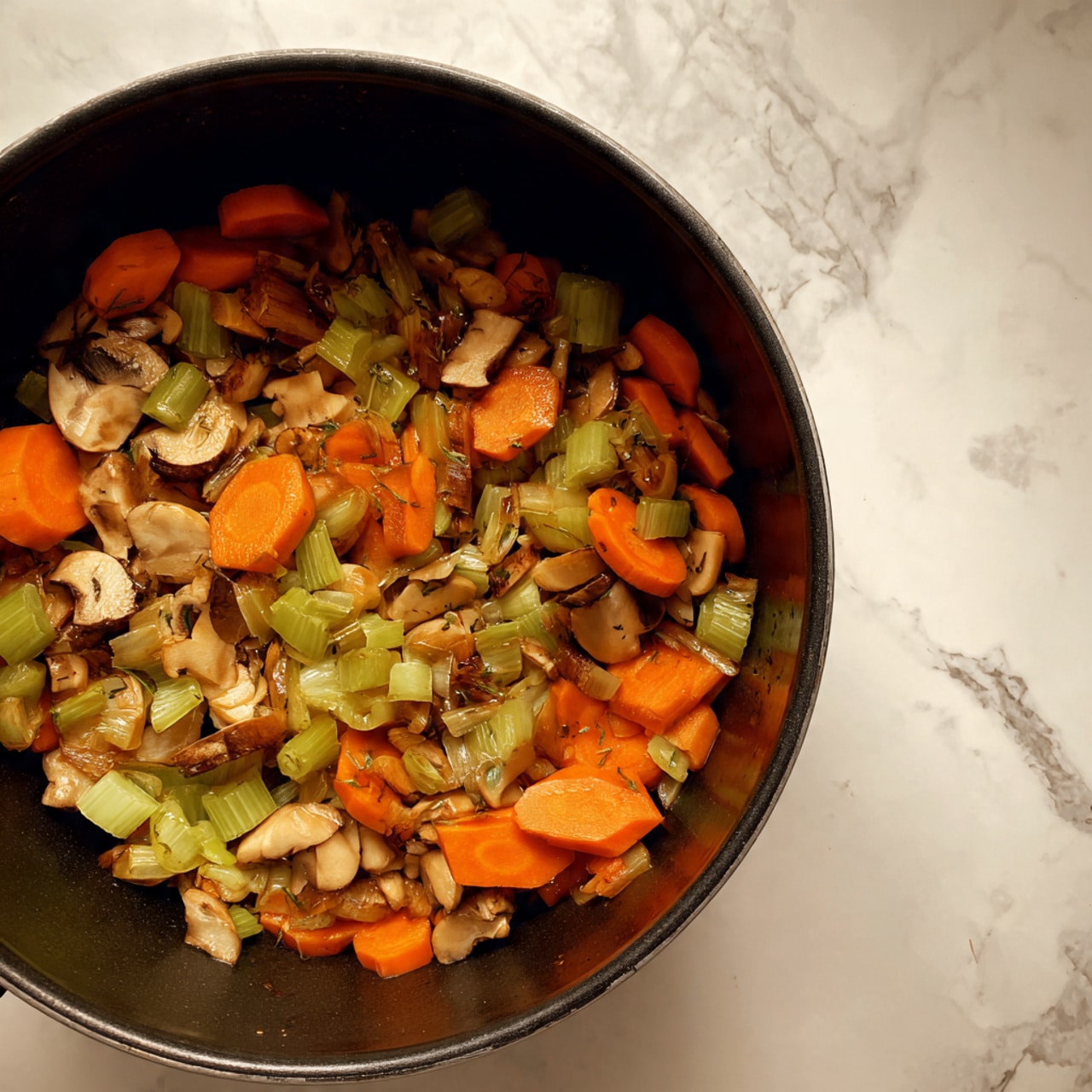 A black cooking pot filled with a mix of cooked vegetables, showing one layer of small, round bright orange carrot slices scattered throughout soft, light green celery pieces and light brown mushroom slices with some darker edges, all slightly glossy as if sautéed, sitting on a white marbled surface photo taken with an iphone --ar 4:5 --v 7