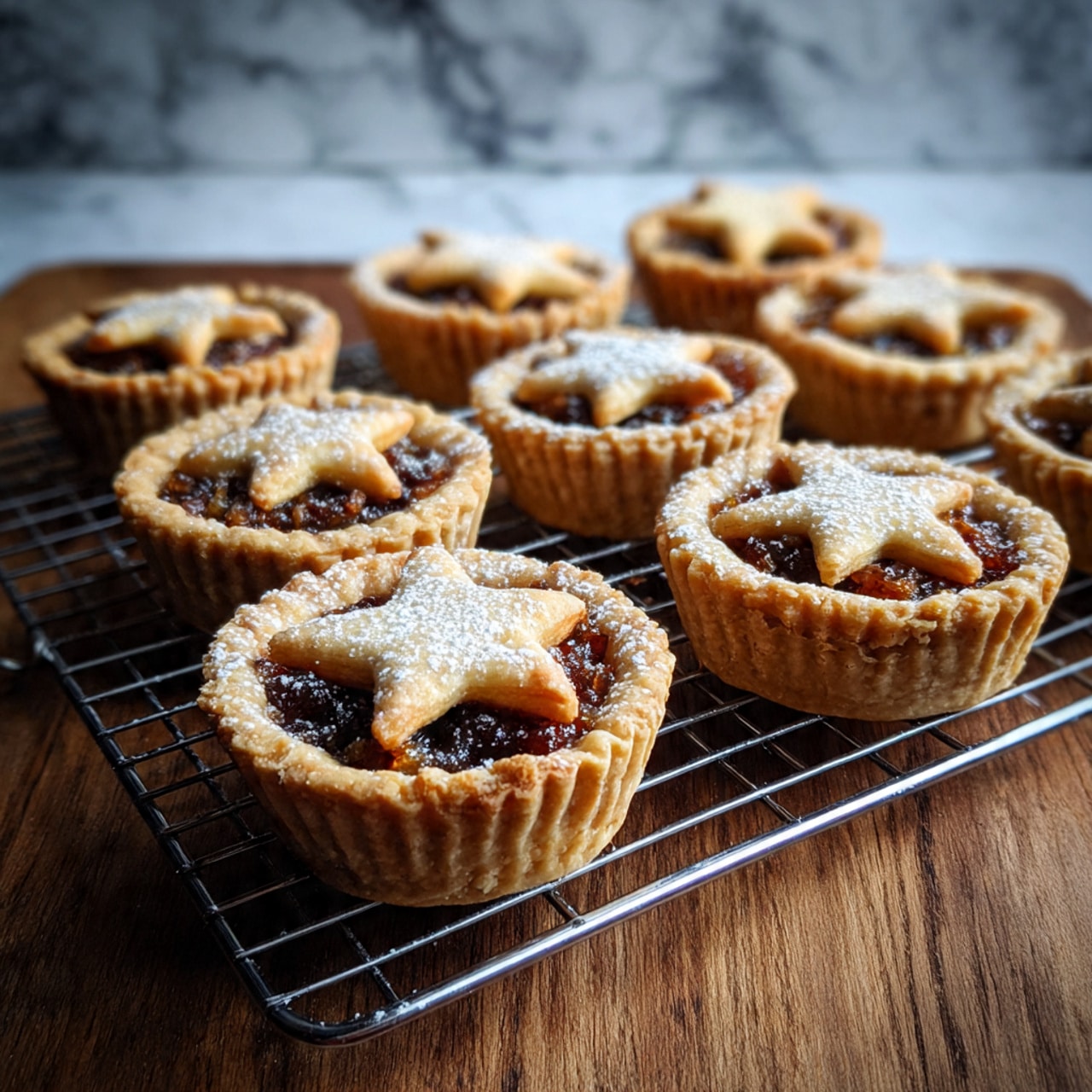 The image shows several small round tarts resting on a black cooling rack over a wooden surface. Each tart has a golden brown crust with scalloped edges, filled with a dark, almost black, smooth jam or fruit filling. On top of each tart, there is a smaller star-shaped piece of pastry in a lighter golden color, dusted with a white powder, likely powdered sugar. The surface of the jams is shiny and slightly textured, contrasting with the soft matte look of the star pastry and the crust. photo taken with an iphone --ar 4:5 --v 7