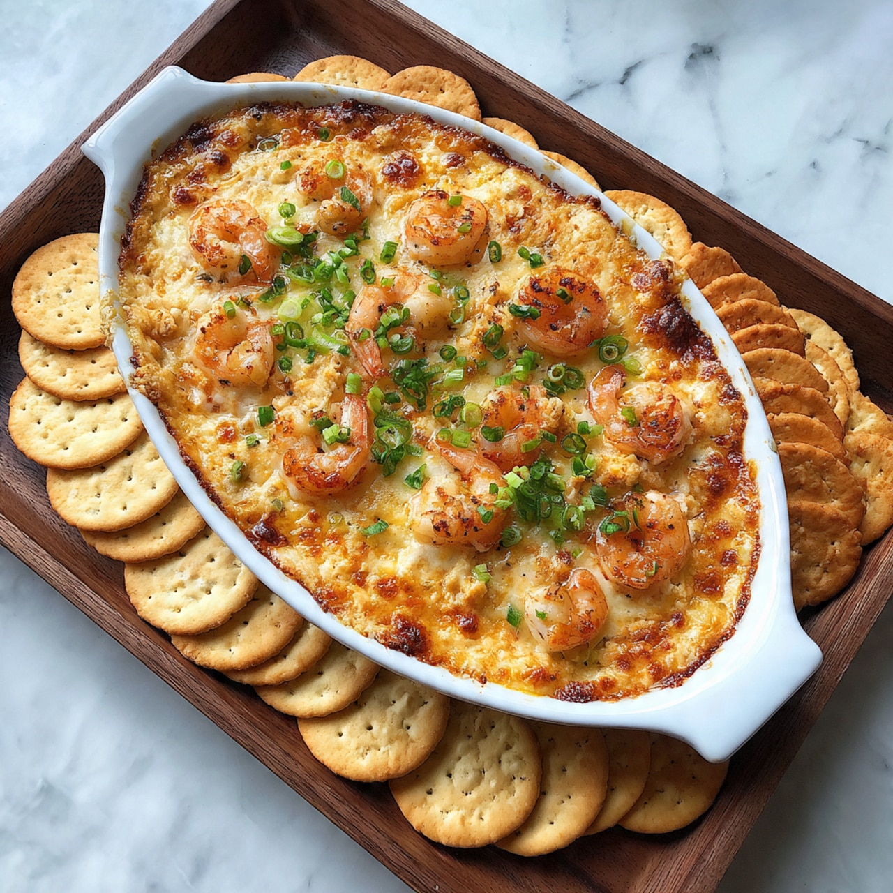 A white oval baking dish holds a cooked layered shrimp dip with a golden brown, slightly crispy top layer. The dip surface is creamy beige with browned spots and small red flecks, topped with three cooked shrimp with reddish tails in the center and scattered bright green chopped green onions across the top. A small sprig of fresh parsley adds a touch of green near the shrimp. Surrounding the dish are plain square crackers with a slightly browned top and a stack of light brown round bread slices. The background is a white marbled texture. Photo taken with an iphone --ar 4:5 --v 7