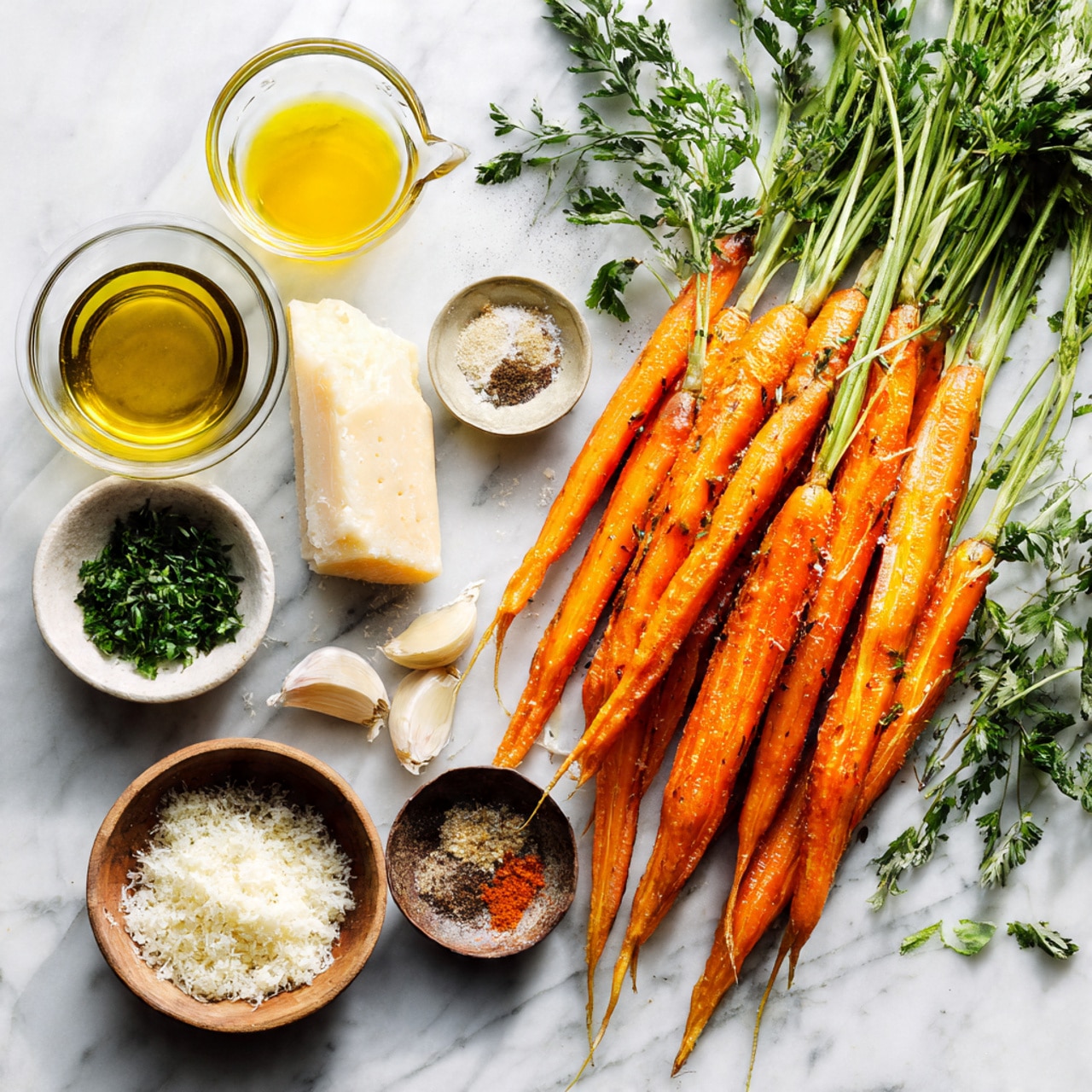 The image shows six small white bowls arranged on a white marbled surface. On the left, a white plate full of bright orange baby carrots is placed. Next to it in a small bowl is finely chopped green herbs. To the right of the herbs, there is a medium clear bowl filled with a soft, white, fluffy shredded substance. On the far right sits a small white bowl with golden yellow liquid oil. Below those larger bowls are three tiny clear bowls: the left contains a ground brown spice, the middle one has white salt, and the right one holds a pale yellow powder. photo taken with an iphone --ar 4:5 --v 7