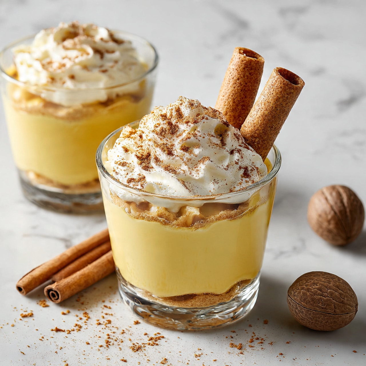 The image shows a clear glass cup on a white marbled surface, filled with two layers of smooth, creamy yellow pudding. On top, there is a thick dollop of white whipped cream with a light sprinkle of brown spice, possibly nutmeg or cinnamon. Two rolled wafer sticks are placed leaning into the whipped cream. In the background, another similar cup of pudding is partially visible, and there is a whole nutmeg and a cinnamon stick on the white marbled surface near the cup. The scene has a cozy, warm feel. photo taken with an iphone --ar 4:5 --v 7