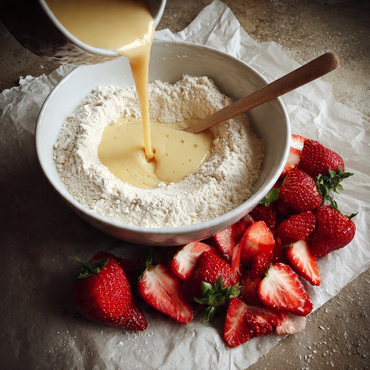 A close-up image shows a white bowl filled with a layer of white flour that has a rough, powdery texture. Pale yellow liquid is being poured evenly into the flour from a clear container above, creating a soft swirl at the center where the two mix. Around the bowl are whole bright red strawberries with green leaves on a light brown paper surface, and some sliced strawberries placed on a wooden board at the bottom right corner. A woman's hand holding the container is partially visible at the top left. The background is a white marbled texture. photo taken with an iphone --ar 4:5 --v 7
