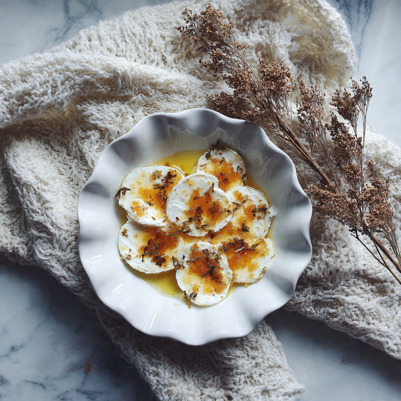 A white round dish with a scalloped edge holds a layer of orange jam spread unevenly on the bottom, topped with several uneven white cheese slices arranged in a circular pattern. A yellowish oil is drizzled over the cheese, pooling slightly in spots. The dish is placed on a soft cream-colored knitted fabric, with a small vase holding beige dried plants in the upper left corner. The surface beneath is a white marbled texture. Photo taken with an iphone --ar 4:5 --v 7