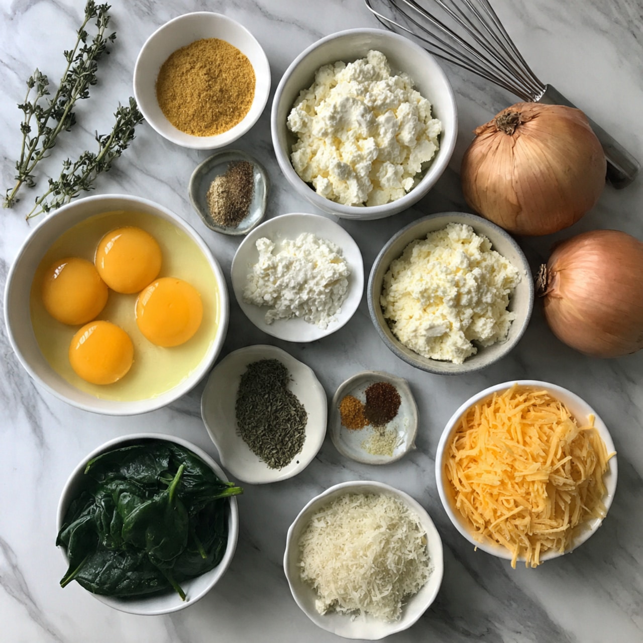 The image shows a top view of a white bowl in the center with eight bright yellow egg yolks and clear egg whites inside, alongside a metal whisk resting in the bowl. Surrounding the bowl are smaller bowls: finely chopped green herbs on the top left, a mixture of salt and black pepper on a small round dish at the top center, white creamy cottage cheese in a bowl at the top right, grated white cheese to the right, chopped white onions in a bowl at the bottom left, and fresh chopped spinach in another bowl at the bottom right. There are broken brown eggshells scattered around on a white marbled surface with a red and white checkered towel underneath some of the bowls. The overall look is bright and fresh, with a clean and organized arrangement; photo taken with an iphone --ar 4:5 --v 7