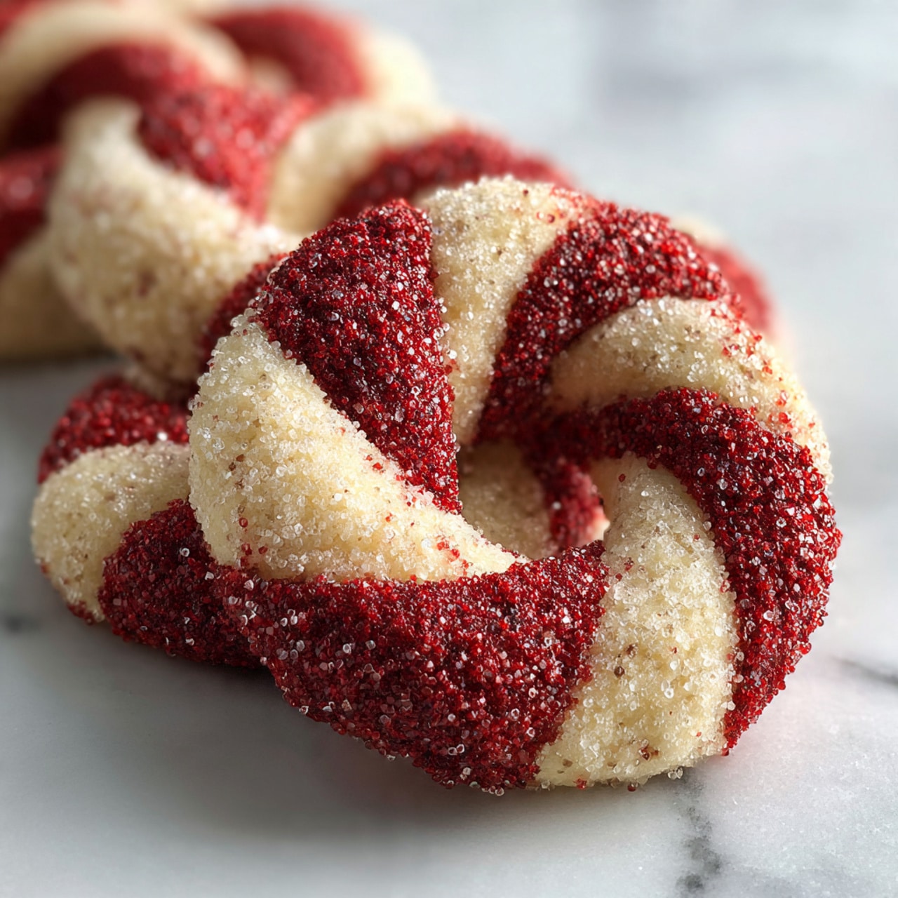 The image shows a close-up of a round shaped cookie with six thick twisted layers, alternating between smooth off-white dough and vibrant red dough covered in sugar crystals, creating a candy cane striped pattern. The cookie has a slightly cracked texture on the off-white parts and a sparkling sugary surface on the red parts. It is placed on a textured white fabric that contrasts with the cookie’s colors. There are several similar cookies blurred in the background on the same fabric, and the whole scene is set on a white marbled surface. photo taken with an iphone --ar 4:5 --v 7
