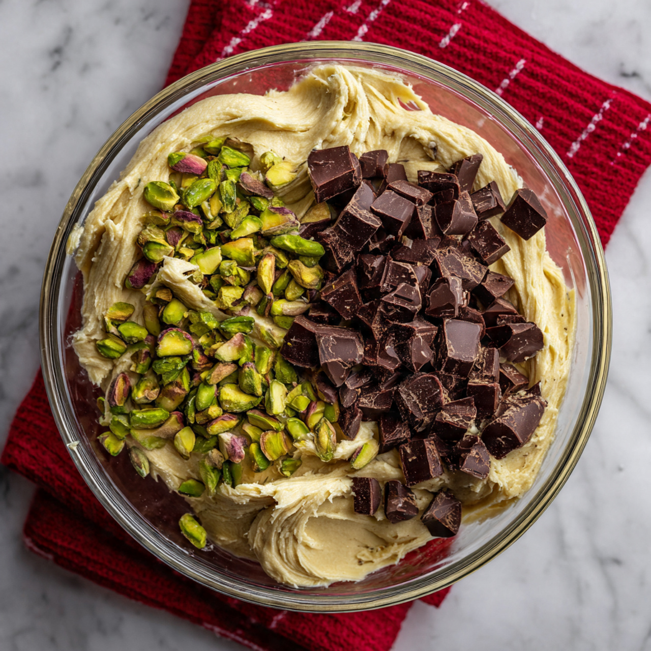 A large clear bowl sits on a white marbled surface, filled with a creamy white mixture. On top of this smooth base, there are two piles: one of small dark brown chocolate chips and another of chopped green pistachios. To the right of the bowl, there are two small white bowls, one filled with more chocolate chips and the other with more chopped pistachios. The texture looks soft and creamy with contrasting crunchy bits on top. Photo taken with an iphone --ar 4:5 --v 7