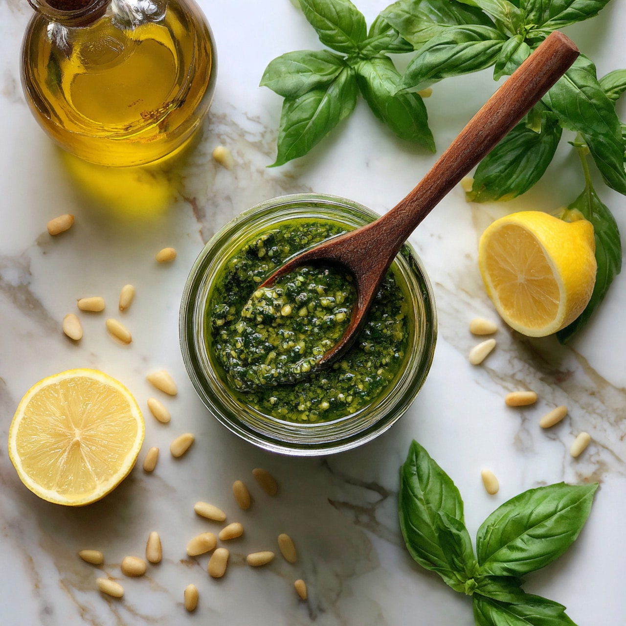 A clear glass jar filled with thick green pesto sauce showing a coarse, slightly oily texture with visible bits of herbs and nuts throughout, with a wooden spoon partially dipped in the jar. Around the jar on a white marbled surface, there are fresh green basil leaves, two yellow lemon halves, some small pale pine nuts, and a glass jar of golden oil blurred in the background. The scene is bright and fresh, emphasizing the vibrant green and yellow colors, photo taken with an iphone --ar 4:5 --v 7
