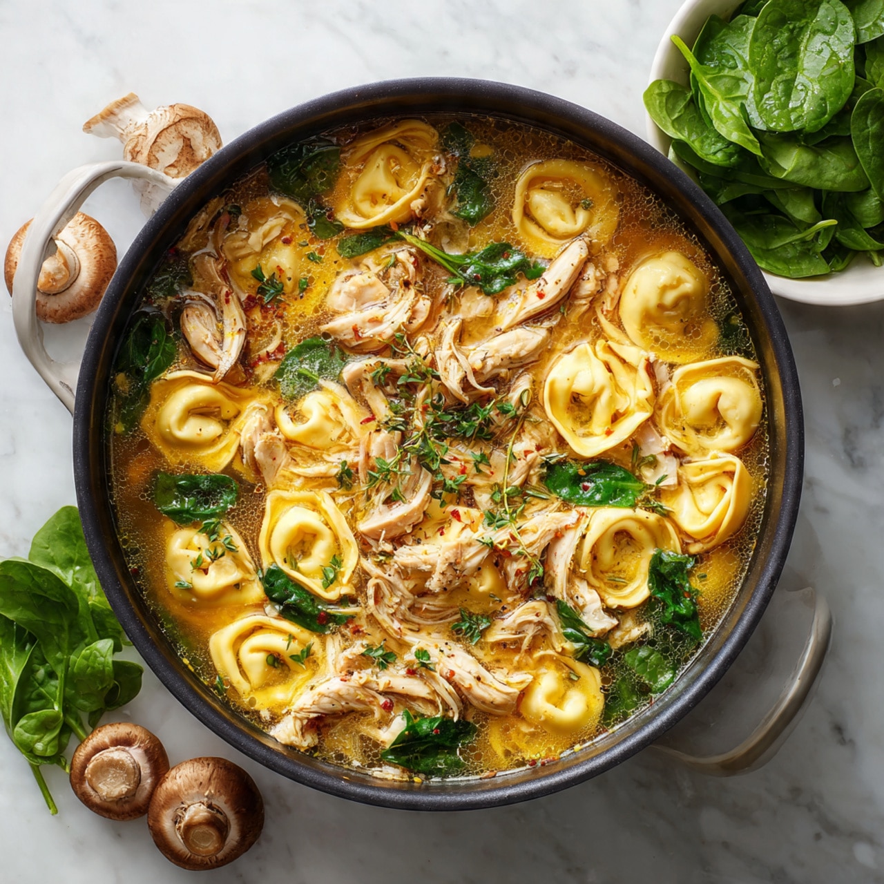 A large black pot filled with clear yellow broth containing light yellow tortellini and shredded white chicken pieces. The tortellini float mostly on the right side, while shredded chicken is on the left side, all surrounded by liquid broth with small bubbles and herbs visible. Around the pot, there are whole light brown mushrooms and a white bowl with fresh green spinach leaves. The pot is placed on a white marbled surface. photo taken with an iphone --ar 4:5 --v 7