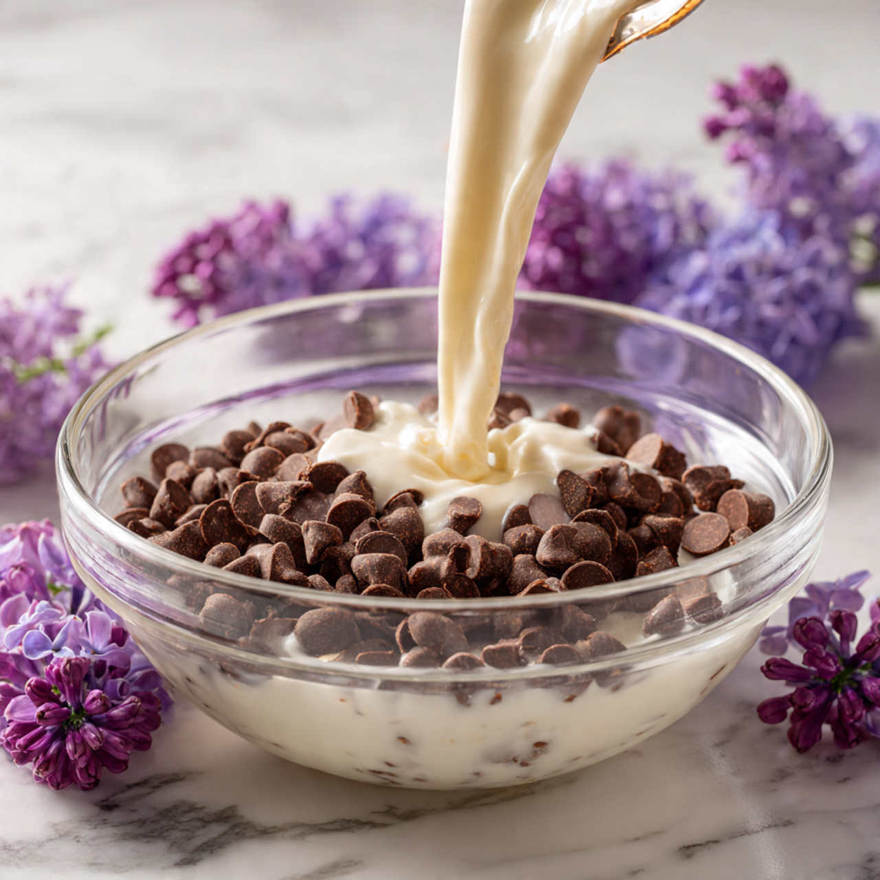 Chocolate Mascarpone Mousse with Espresso Recipe 4 A clear glass bowl with a single layer of dark brown chocolate chips spread evenly on the bottom is placed on a white marbled surface. Light thick cream with a smooth texture is being poured from above, creating a pale beige splash over the chocolate chips. In the background, there are blurred purple flowers adding a slight pop of color. The focus is on the moment the cream meets the chocolate chips inside the bowl. Photo taken with an iphone --ar 4:5 --v 7
