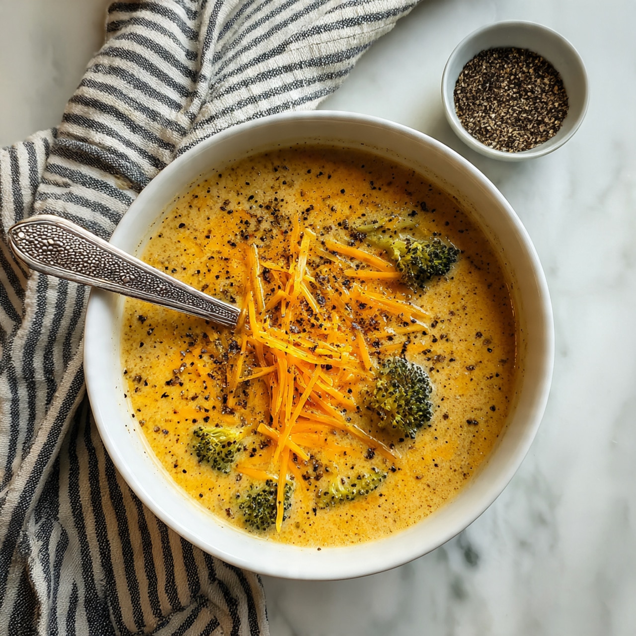 A white bowl filled with creamy yellow soup with small light green broccoli pieces spread throughout. On top, there is a small pile of shredded orange cheese melting into the soup. The soup surface is sprinkled with cracked black pepper. A silver spoon with intricate patterns rests inside the bowl on the left side. The bowl sits on a white marbled surface with a small white bowl of black pepper nearby and a white cloth with red stripes partially visible. Photo taken with an iphone --ar 4:5 --v 7