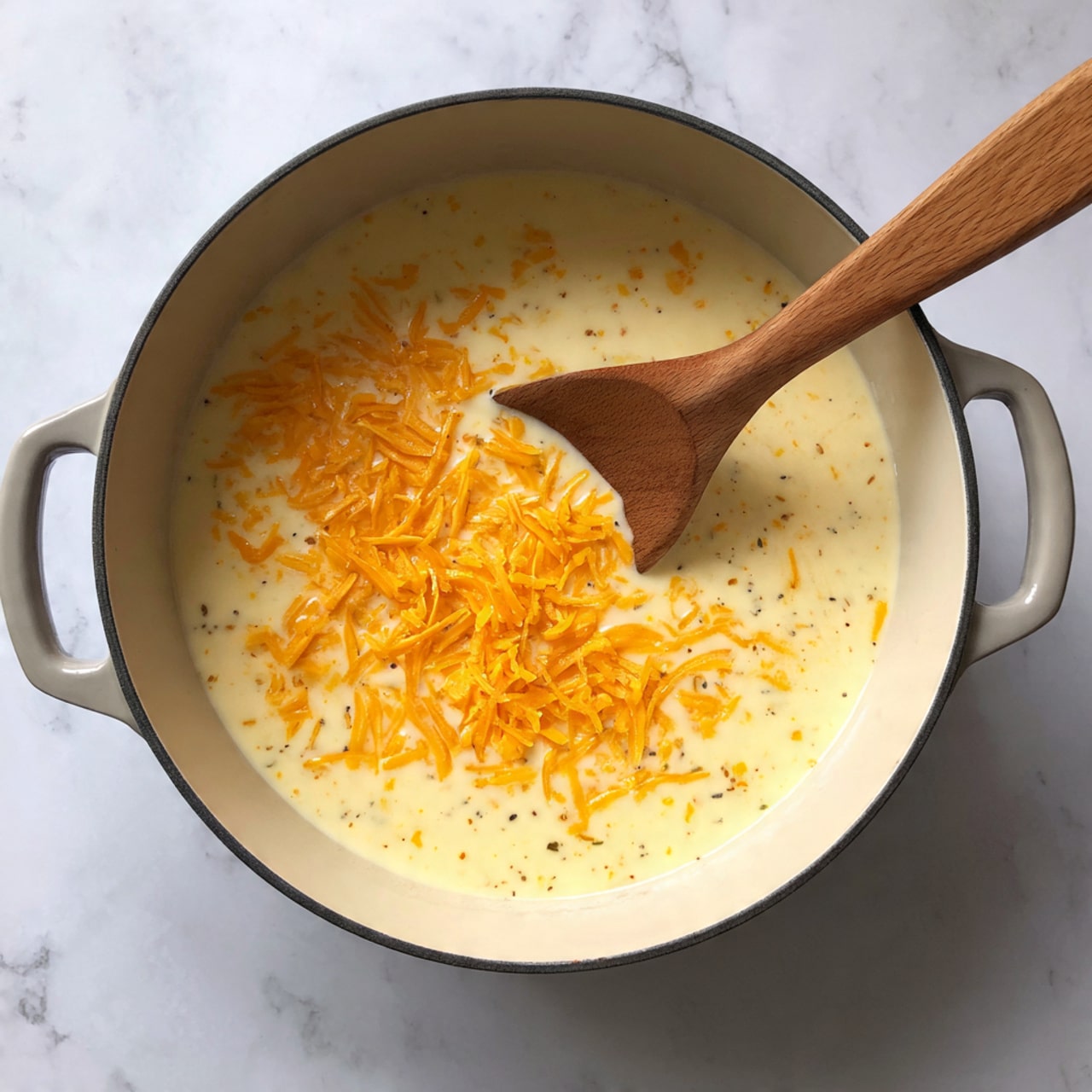 A close-up view of a creamy white soup in a large pot with black pepper and small bits mixed throughout. On the top center of the soup, there is a pile of bright orange shredded cheese. To the right side, a wooden-handled spoon is partially dipped in the soup, slightly stirring the cheese. The pot sits on a white marbled surface. photo taken with an iphone --ar 4:5 --v 7