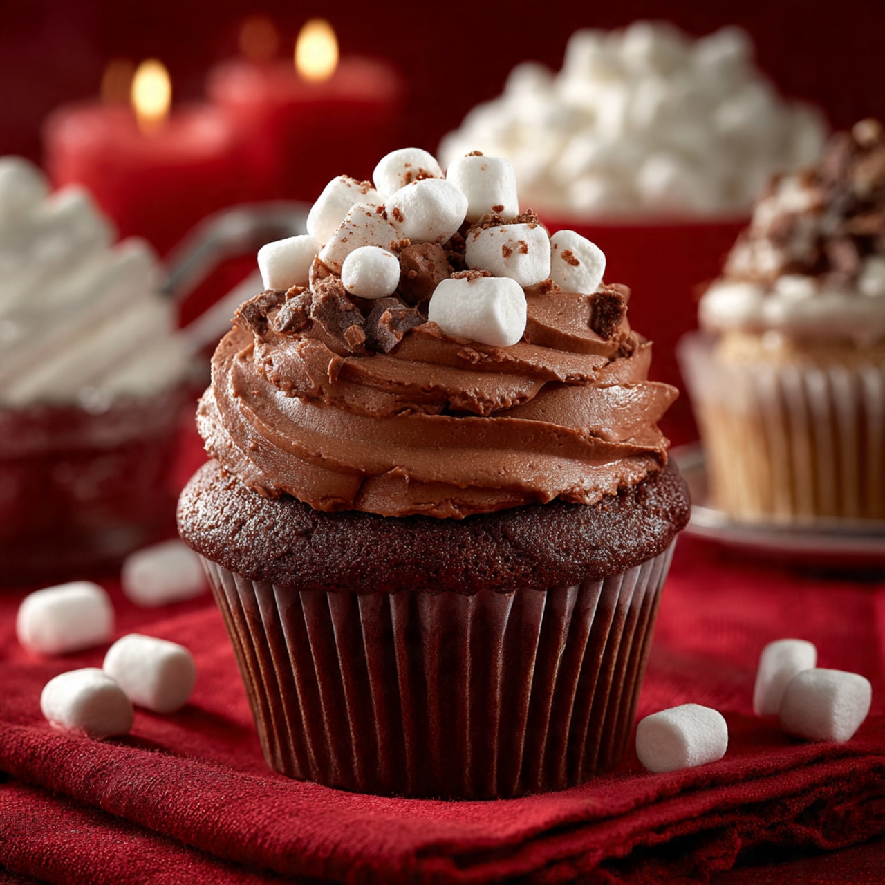 A small chocolate cupcake sits in an open white paper liner on a red cloth. The cupcake has a shiny dark chocolate base with a thick layer of smooth chocolate frosting on top, decorated with a ring of small white marshmallows. Around the cupcake, a few marshmallows are scattered on the cloth. In the background, there are other cupcakes in white liners, one decorated with green and red candies, and a black cupcake tray blurred out. Two green sticks with white dots lean on the side. Photo taken with an iphone --ar 4:5 --v 7