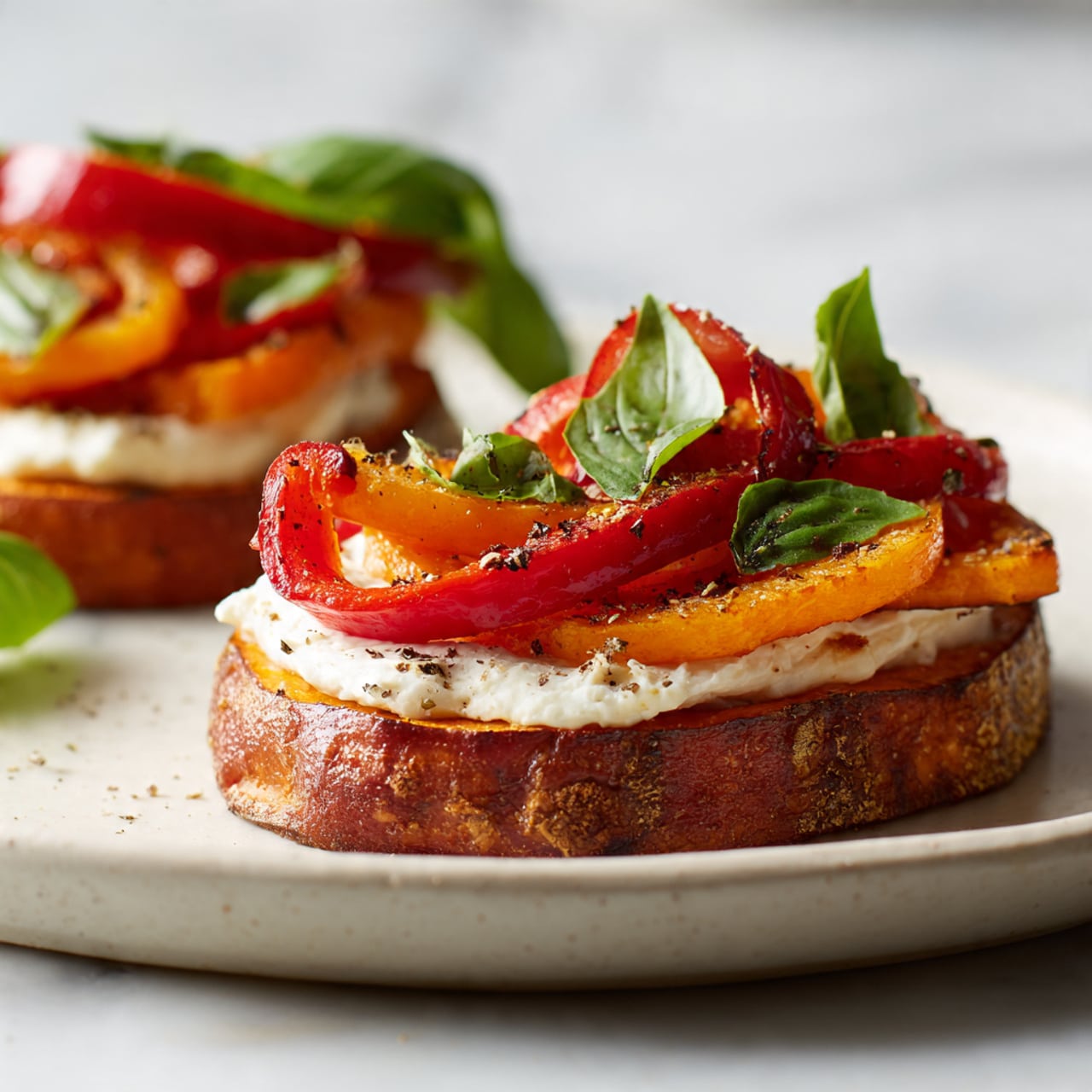The image shows two pieces of roasted sweet potato slices placed on a white plate with a white marbled surface background. Each slice has three layers: the bottom layer is the orange roasted sweet potato with a rough texture and brown edges; the middle layer is a smooth spread of white cream cheese evenly spread over the potato; the top layer consists of several bright red roasted bell pepper strips, loosely curled, and a few fresh green basil leaves scattered around, with some black pepper sprinkled over all. The focus is sharp on the front piece, with the second piece blurred in the background. Photo taken with an iphone --ar 4:5 --v 7