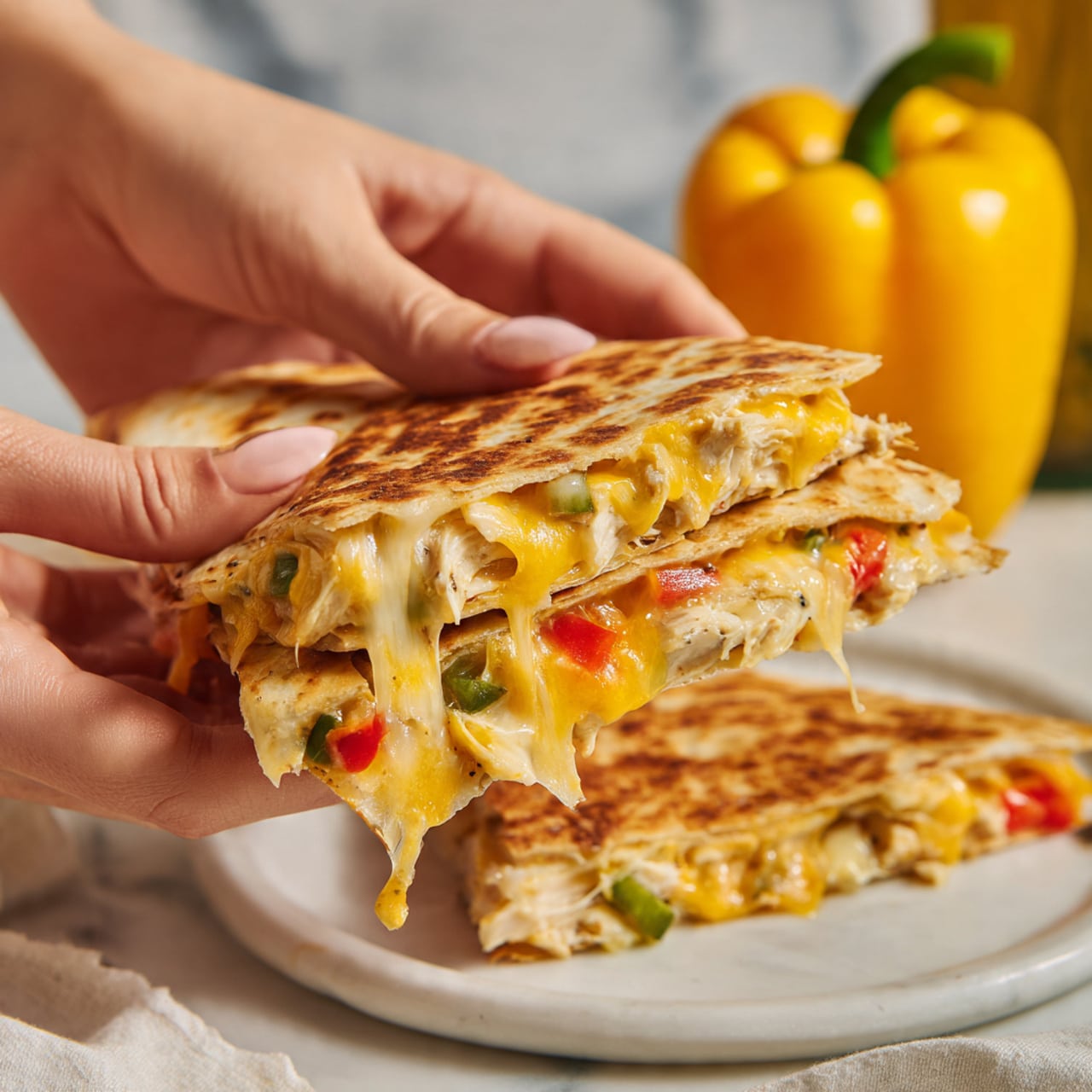 A close-up of a quesadilla held by two woman's hands showing a side view with three layers: a golden-brown grilled tortilla on the outside, a melting mix of bright yellow cheddar and white mozzarella cheese in the middle with visible strands stretching, and bits of cooked chicken and small green bell pepper pieces inside. The background has a blurred yellow bell pepper and a bottle, with a white marbled surface under the white plate holding another quesadilla piece. Photo taken with an iphone --ar 4:5 --v 7