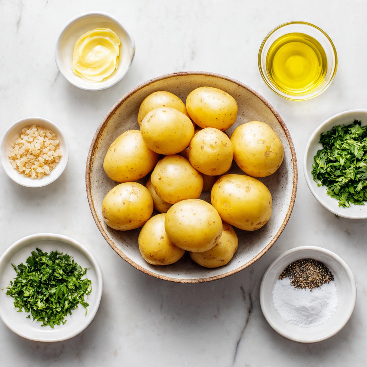 The image shows a top-down view of several cooking ingredients placed on a white marbled surface. In the center is a rustic ceramic bowl filled with about ten small, light yellow potatoes with smooth skin. Around the bowl, there are six small white dishes arranged in a circle. At the top left is a dish with small beige granules, likely minced garlic or onions. Below it is a white ramekin containing pale yellow melted butter. Next to that is a small clear glass cup with light golden olive oil. On the right side, at the top, there is a dish filled with finely chopped green herbs, most likely parsley. Below it is a dish with white coarse salt, and at the bottom right is a dish filled with ground black pepper. All dishes are simple, white, and clean against the textured white marbled background. photo taken with an iphone --ar 4:5 --v 7