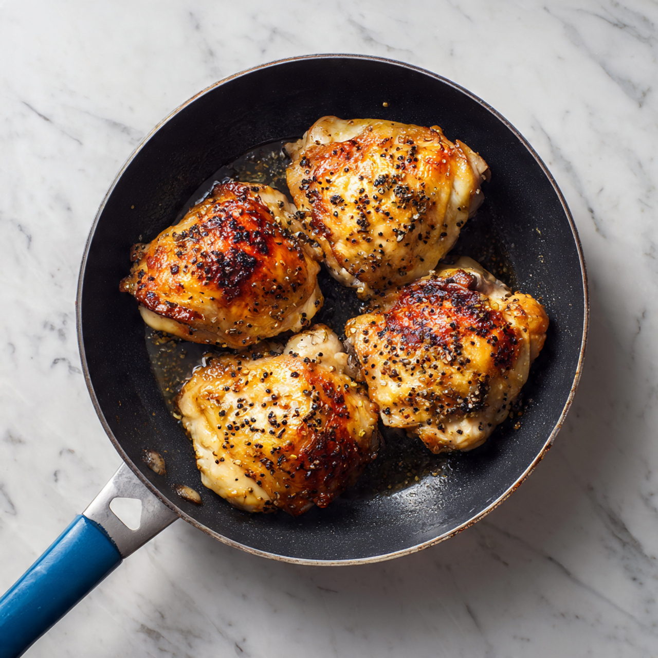 A round black pan with a dark interior has four cooked chicken pieces inside, each with a golden brown, slightly crispy surface and some black pepper seasoning visible. The pan has a blue handle extending out to the left. The pan sits on a white marbled surface. The chicken pieces are placed close to each other but not touching, showing a mix of light browned and darker spots where the chicken is cooked more. Photo taken with an iphone --ar 4:5 --v 7