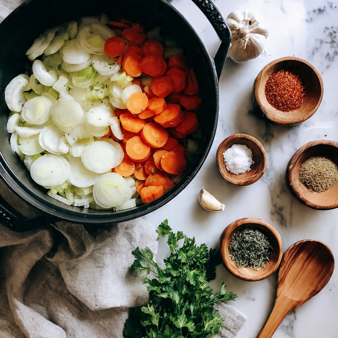 A black pot on a white marbled surface contains three layers: the bottom layer is finely chopped white onion covering the base, the middle layer is chopped green celery piled on one side, and the top layer consists of bright orange carrot rounds scattered across the other side. Nearby, there are three small wooden bowls; one holds three whole garlic cloves and dried herbs, another bowl is filled with red paprika powder, and a bunch of fresh green parsley is placed in the upper left corner. A light wood spoon rests on a gray cloth on the lower left side of the scene. Photo taken with an iphone --ar 4:5 --v 7