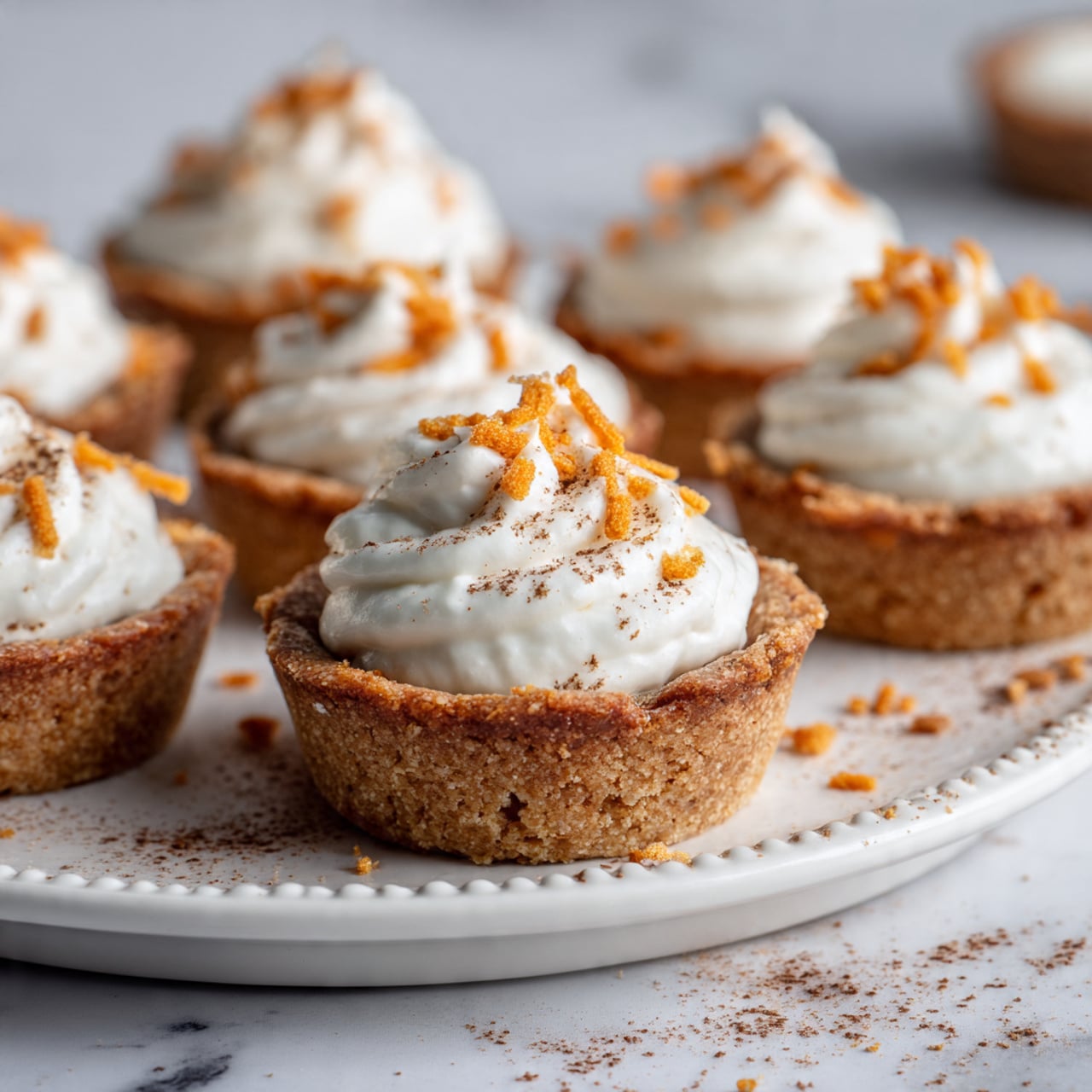 Gingerbread Cheesecake Cookie Cups Recipe 5 The image shows several small, round cupcakes placed on a white plate with a vintage edge, set on a white marbled surface. Each cupcake has two visible layers: the bottom is a golden-brown baked cake base with a slightly rough texture, and the top is a smooth, thick layer of off-white frosting that forms a small dome in the center. Scattered delicately on the frosting are tiny orange sprinkles shaped like gingerbread men. Some loose sprinkles and a light dusting of brown powder are visible on the plate, enhancing the cozy, homemade feel. Photo taken with an iphone --ar 4:5 --v 7