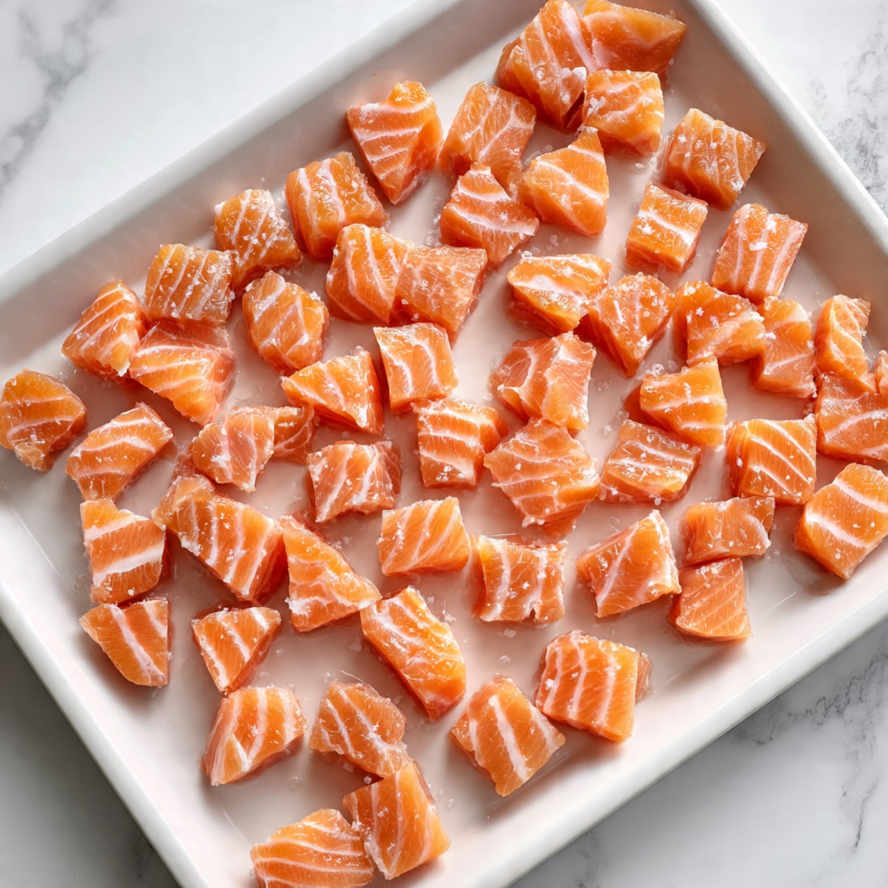 The image shows many small pieces of raw salmon, cut into cubes, spread out evenly on a white baking tray. The salmon pieces are an orange-pink color with white lines of fat running through them, giving a soft texture. Some light oil or marinade shines on the salmon, creating a thin glossy layer. The tray is placed on a white marbled surface, making the colors of the salmon stand out clearly. photo taken with an iphone --ar 4:5 --v 7