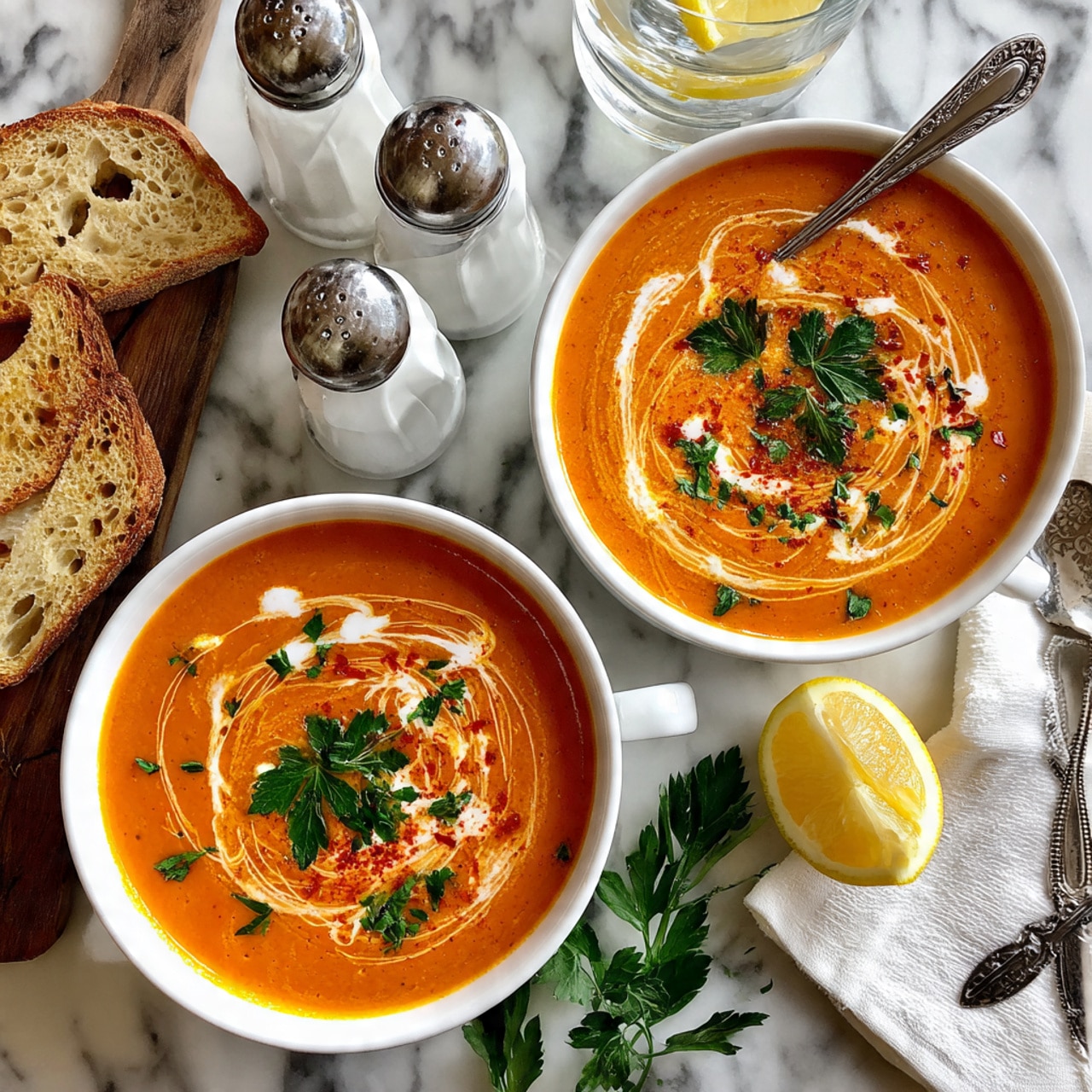Two white bowls filled with smooth orange tomato soup sit on a white marbled surface. Each bowl has a swirl of white cream with small red pieces and green parsley leaves scattered on top. One bowl is on a white marble serving board with a silver spoon inside, and a small torn piece of toasted bread rests nearby. The other bowl is accompanied by another silver spoon. In the background, there are salt and pepper shakers and a clear glass of water with ice and a lemon slice. A few green parsley leaves are also scattered on the surface. Photo taken with an iphone --ar 4:5 --v 7