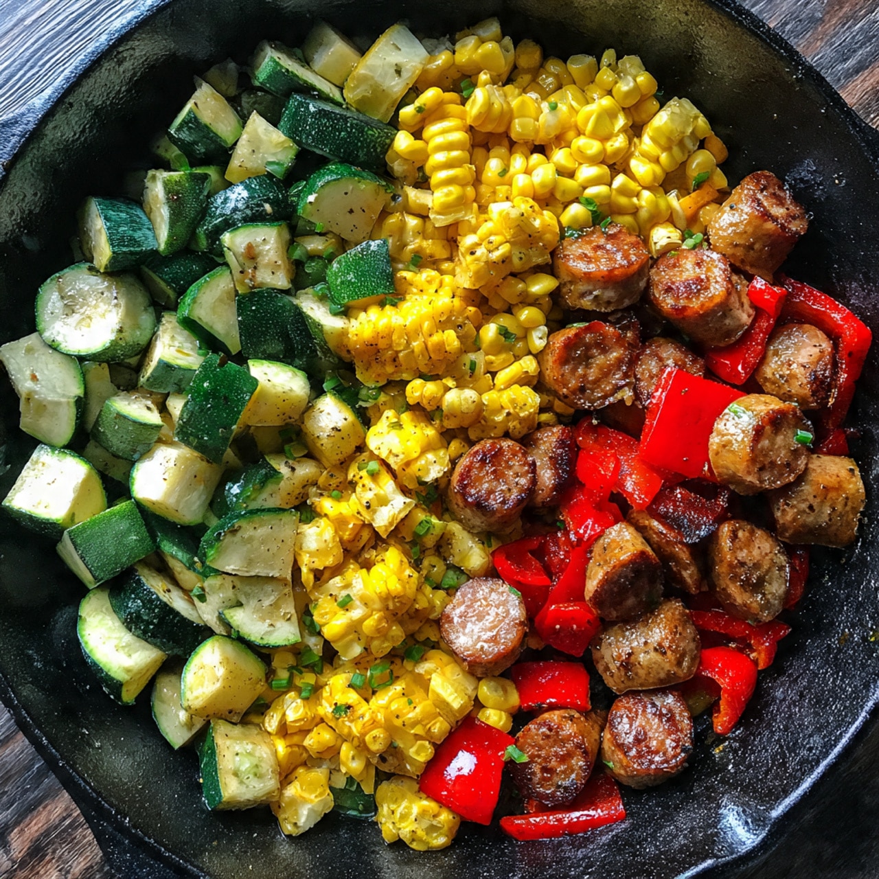 A close-up view of a round black pan filled with four sections of cooked food arranged side by side: shiny browned sausage slices on the left side sprinkled with green herbs, bright yellow corn kernels with bits of chopped green herbs on the top right, glossy red bell pepper pieces with a few green herbs on the bottom right, and lightly charred green zucchini slices with some brown grill marks on the bottom left. The food looks fresh, colorful, and well-cooked, with a mix of textures from smooth to slightly crispy. photo taken with an iphone --ar 4:5 --v 7