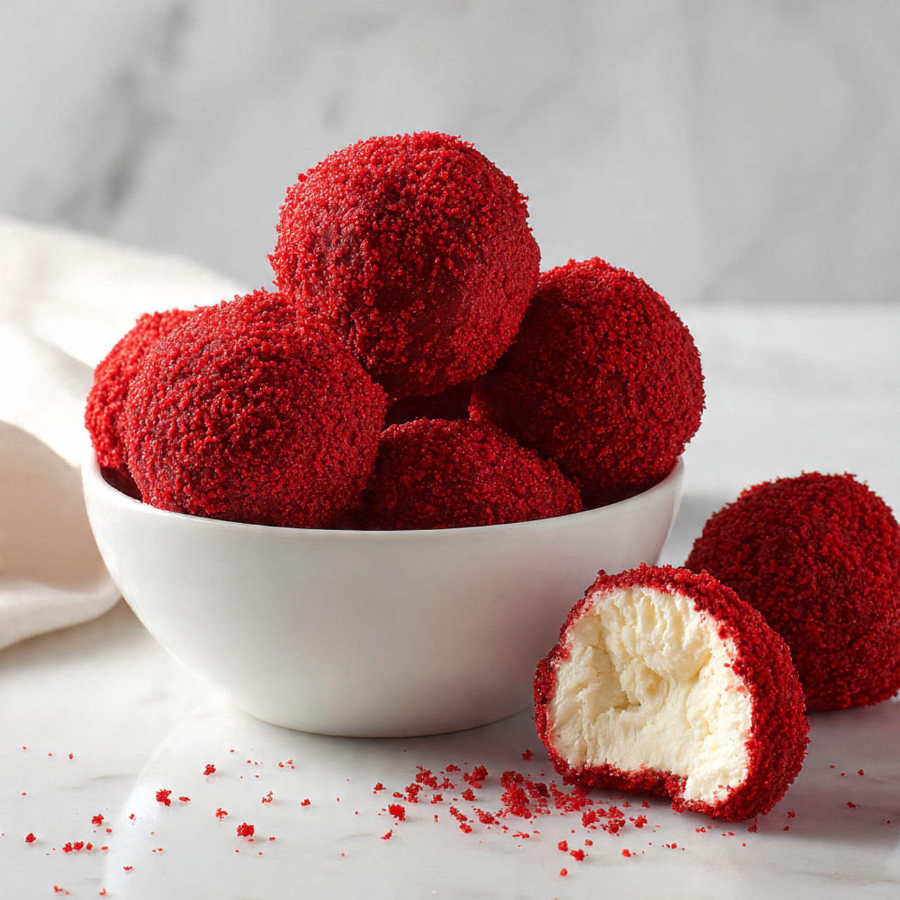 Red Velvet Cheesecake Balls Recipe 5 A white bowl is filled with many small round red balls covered in crumb-like texture, stacked neatly inside. One ball at the front shows a bite mark, revealing a soft white creamy center inside the bright red crumb shell. Several similar red crumb balls are scattered casually around the bowl on a white marbled surface. The red crumbs look rough and coarse, while the creamy center is smooth and soft, creating a strong color contrast. Photo taken with an iphone --ar 4:5 --v 7