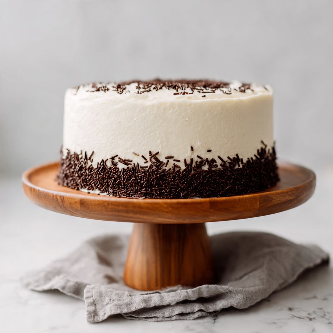 A round, two-layer cake is covered with smooth white frosting. The cake is decorated with dark brown sprinkles along the top surface and the bottom edge, with the sprinkles denser near the base and scattered more loosely on top. The cake sits on a wooden cake stand with a simple pedestal base. A soft grey cloth is casually placed in front of the stand on a white marbled surface, and the background is softly lit with a neutral tone. photo taken with an iphone --ar 4:5 --v 7