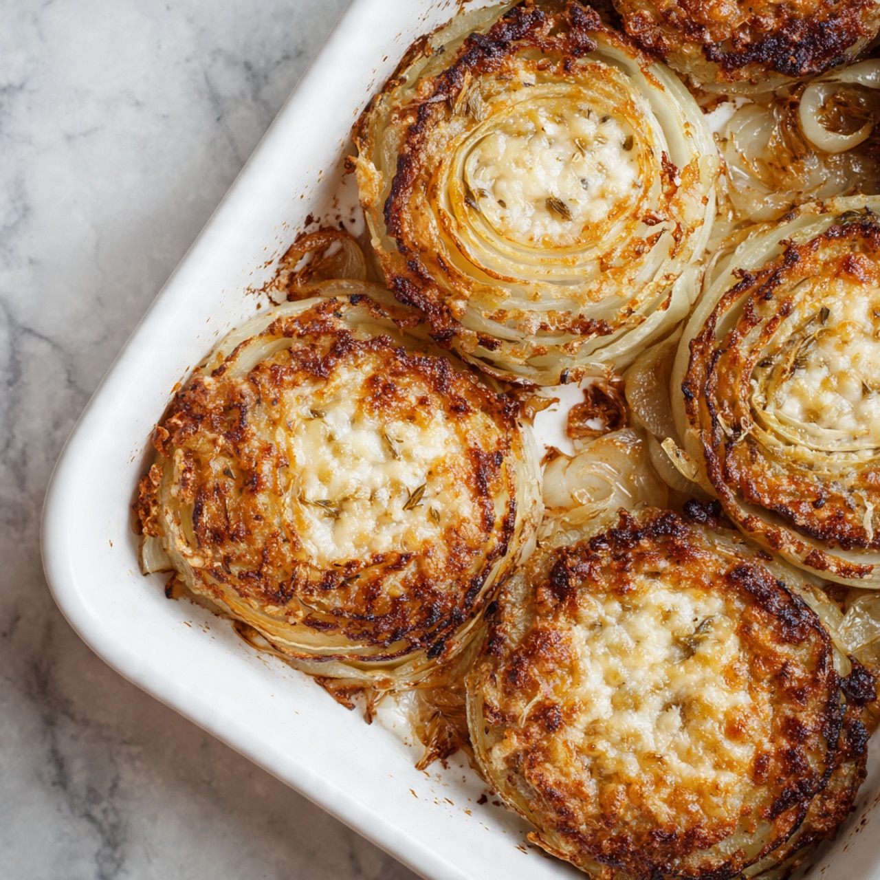 The image shows several large, round, golden-brown crispy patties with visible layers of thinly sliced onions stacked in a white tray. Each patty has a textured top layer with dark brown edges and a slightly shiny surface from being cooked. The onion layers in the patties create concentric rings that are visible and slightly curled. The patties are uneven in shape, with some melted cheese or crispy bits peeking through around the edges. The tray rests on a white marbled surface. photo taken with an iphone --ar 4:5 --v 7