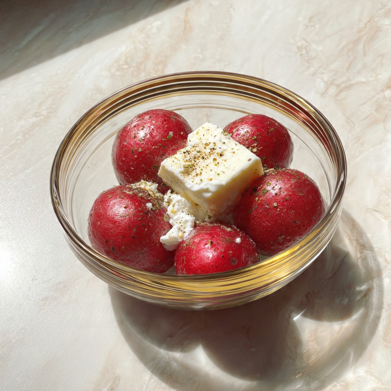 A clear glass bowl on a white marbled surface holds seven small red potatoes with smooth skin forming the base layer. On top of the potatoes, there is a mound of white sour cream with black pepper sprinkled over it on the upper right side. Next to the sour cream is a light yellow square of butter, and in front of the butter is a small heap of finely chopped garlic with a golden tone. Some brownish seasoning powder is lightly scattered on and around the butter and sour cream. Photo taken with an iphone --ar 4:5 --v 7