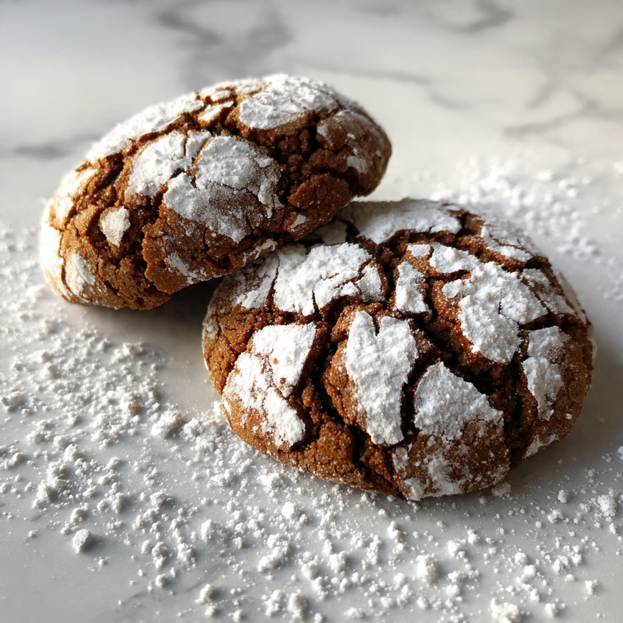 Gingerbread Crinkle Cookies Recipe 5 A close-up view of two round cookies on a white marbled surface, each cookie showing a cracked pattern on the top layer that is dusted with a thick coating of white powder. The cookies have a dark brown base visible through the cracks, giving a contrast between the white powder top and the rich brown cookie below. The texture looks crisp on the outside with a soft depth suggested by the cracks. The scene is lit naturally, highlighting the coarse details of the surface and the delicate powder dusting, with some scattered powder around the cookies. photo taken with an iphone --ar 4:5 --v 7