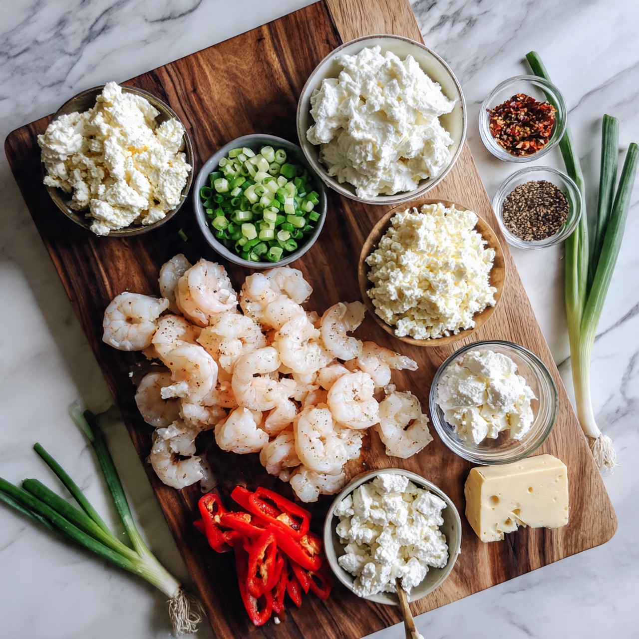 The image shows a wooden board on a white marbled surface with a group of ingredients arranged neatly. In the center, there is a bowl filled with small pink shrimp, and next to it, a red bowl with shredded white crab meat. Above the bowls, a white square plate holds two blocks of white cream cheese and a metal measuring cup of white sour cream. There are also some whole shrimp scattered near these items. To the left, fresh green onions rest next to a bright red bell pepper. On a white napkin partly under the wooden board, there are two blocks of cheese, one mostly white with some color flecks, and the other a mix of orange and white. A small metal cup on the right contains three layers of seasoning powders in light brown, dark red, and tan colors. photo taken with an iphone --ar 4:5 --v 7