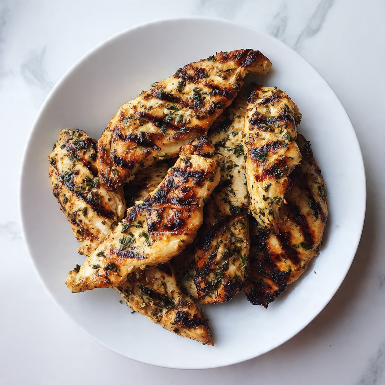 A white plate filled with several pieces of grilled meat strips that have a golden brown color with some darker char marks. The meat looks tender with a slightly glossy surface, showing herbs and seasoning speckled throughout. Pieces are layered unevenly on the plate, some overlapping others, highlighting the varied shapes and textures of the cooked meat. The background is a white marbled surface. photo taken with an iphone --ar 4:5 --v 7