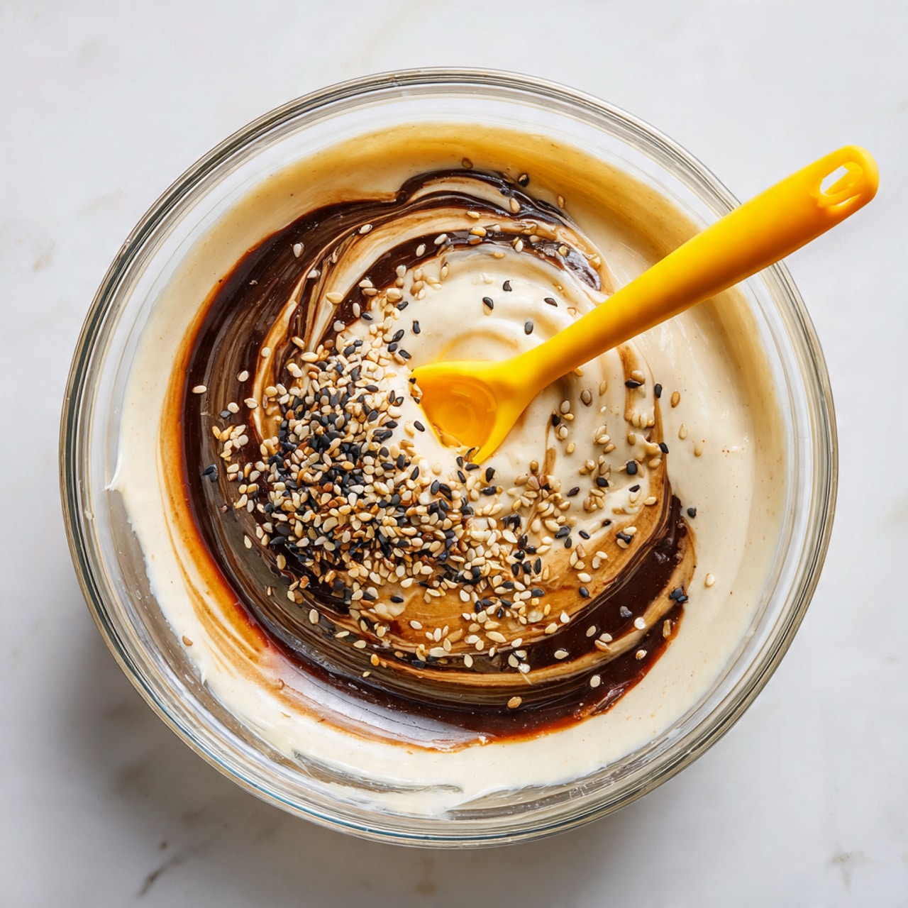 A clear glass bowl on a white marbled surface holds a mixture with three main layers: a creamy white base layer with a smooth texture, a dark brown sauce partially swirled into the cream, and a sprinkle of coarsely ground black pepper and small seeds on top. A bright yellow silicone spatula is inside the bowl, mixing the ingredients, with its tip coated in the creamy sauce. The bowl catches light, making the mixture look shiny and fresh. photo taken with an iphone --ar 4:5 --v 7