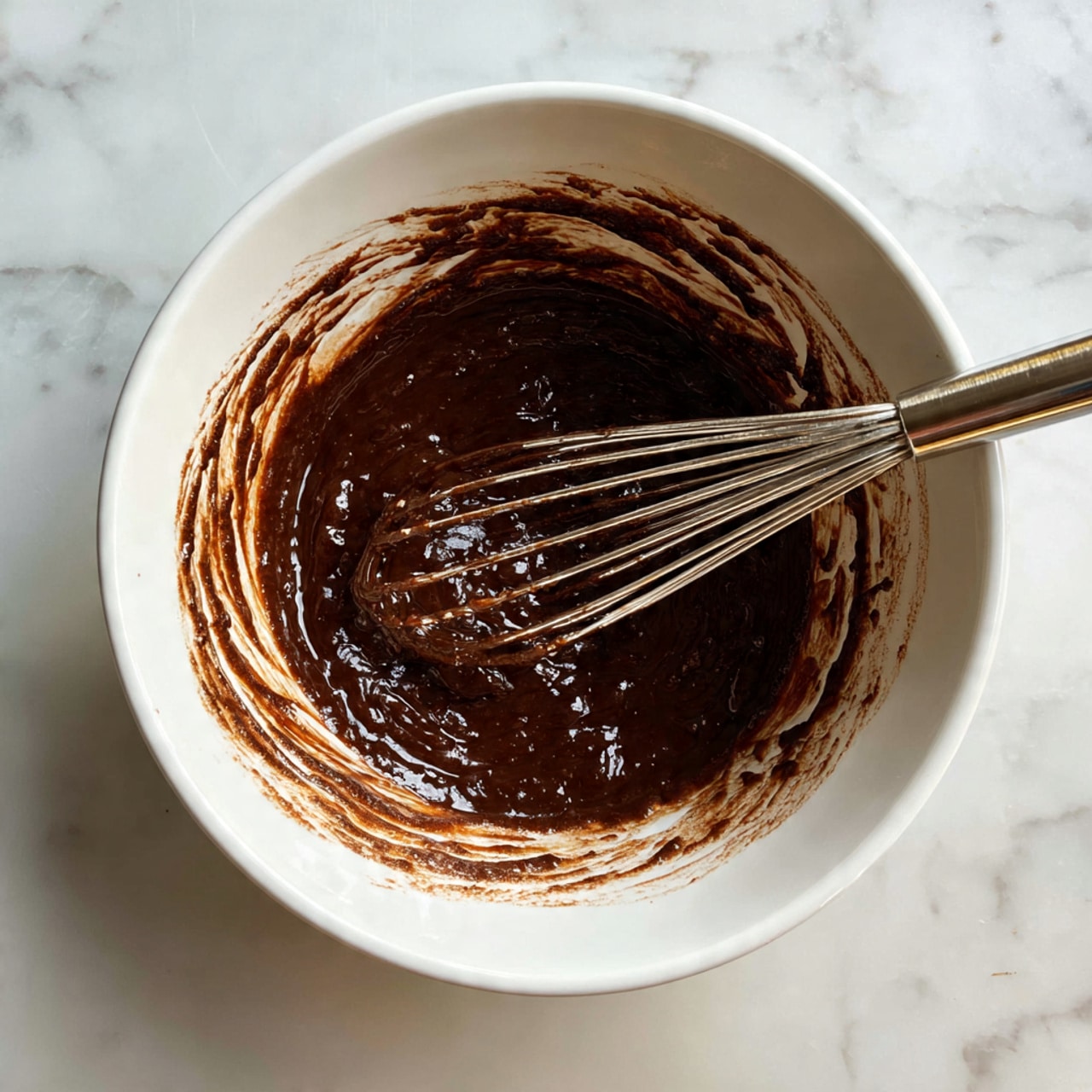 A white bowl filled with thick, smooth dark brown chocolate batter, with a stainless steel whisk resting diagonally inside, coated in the batter. The edges of the bowl have streaks of chocolate batter, and the bowl sits on a white marbled surface. Photo taken with an iphone --ar 4:5 --v 7