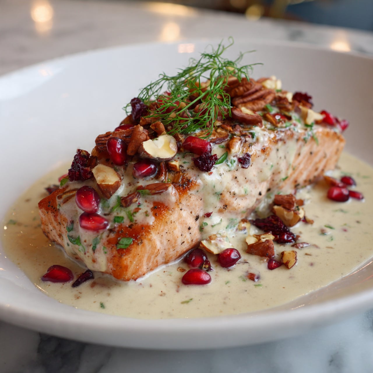 The image shows slices of golden brown pastry on a white plate, each slice topped with a creamy white layer mixed with green herbs. On top of that, there are small dark dried berries, bright red pomegranate seeds, and thin beige slivers of nuts scattered evenly. The pastries have a glossy and slightly crisp texture around the edges, with sauce pooling gently on the white marbled surface under the plate. The colors of red, white, dark purple, and green create a fresh and rich look, with close-up details showing the textures clearly. photo taken with an iphone --ar 4:5 --v 7